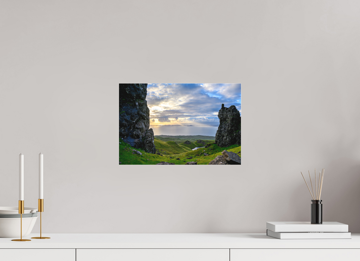 15 x 10″, Matte Acrylic Glass without frame Peering through columns at the Old Man of Storr on Matte Acrylic Glass without frame