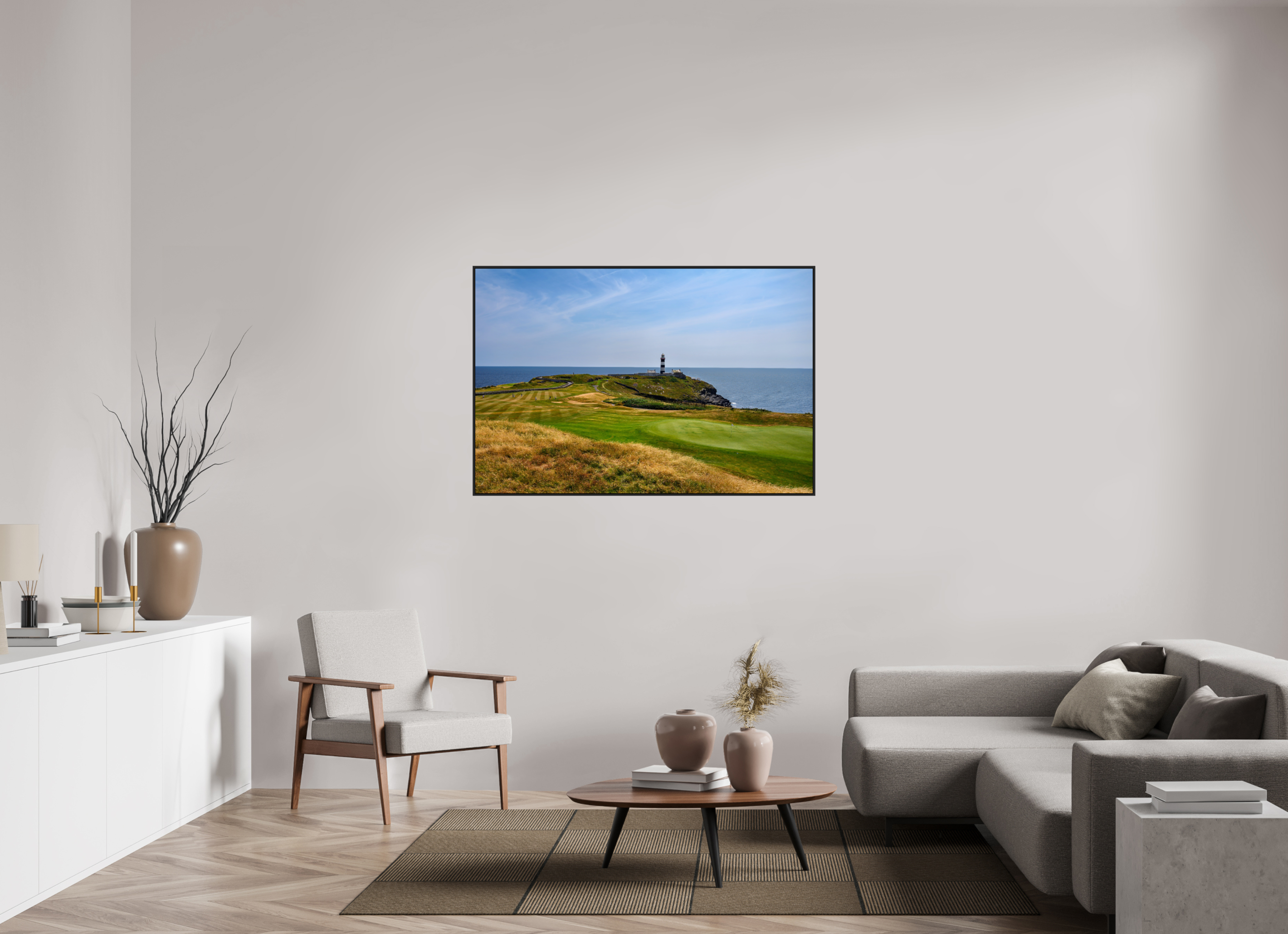 54 x 36″, Acrylic Glass Black matt .24" frame Old Head golf course and lighthouse under acrylic glass in black frame