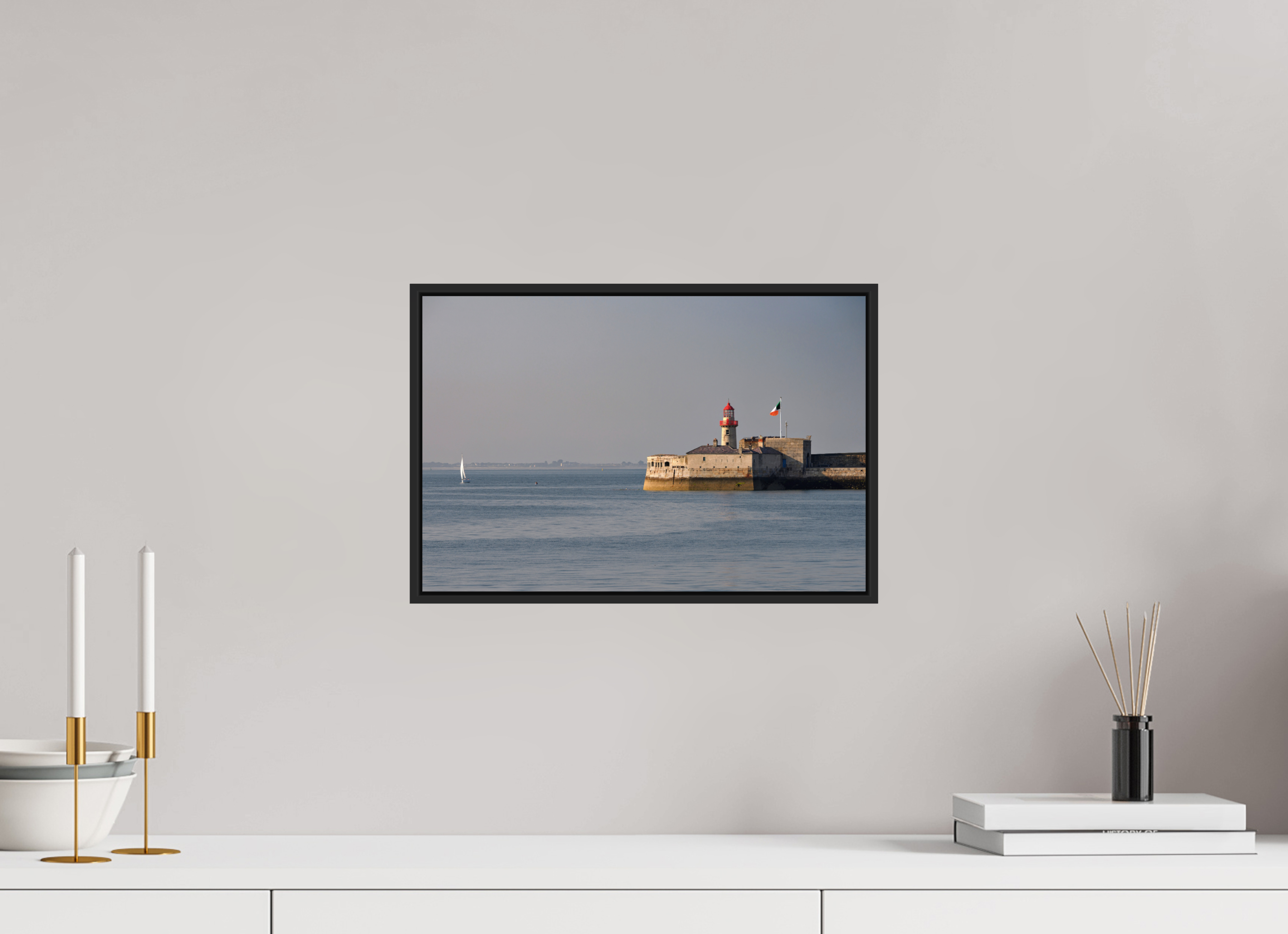 15 x 10″, Acrylic Glass Black matt .24" frame Dun Laoghaire Lighthouse at sunset under acrylic glass with black frame