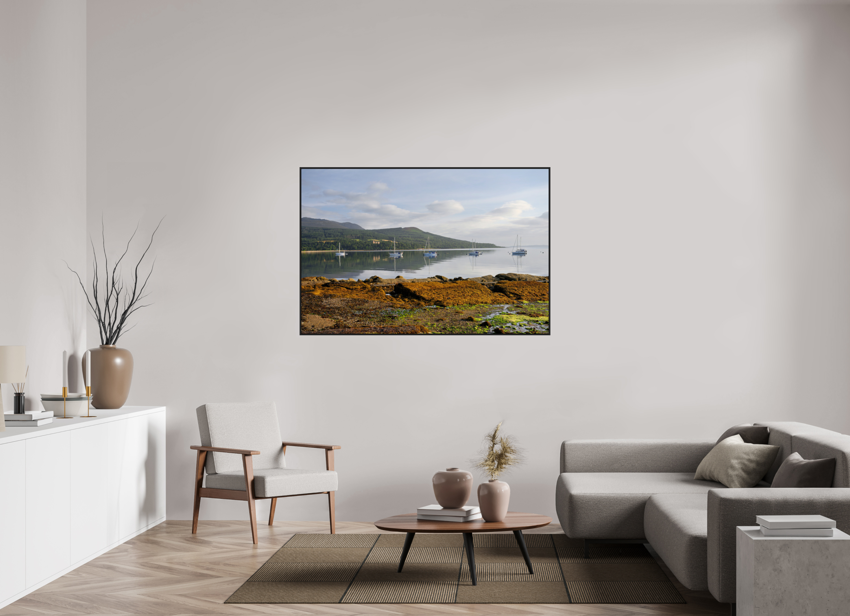 60 x 40″, Acrylic Glass Black matt .24" frame Brodick Bay at sunrise under acrylic glass with black frame