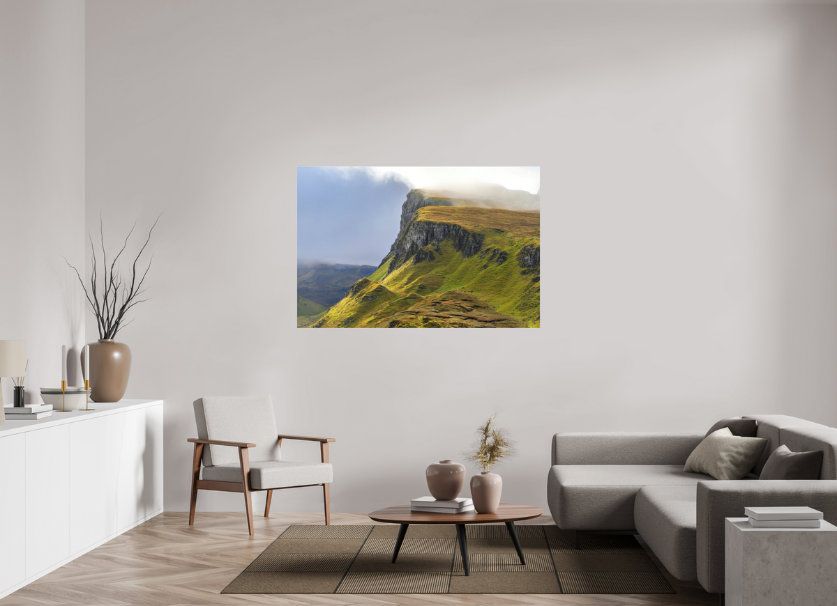 60 x 40″, Matte Acrylic Glass without frame Rocky cliffs in misty sunshine near the Quiraing on Matte Acrylic Glass without frame