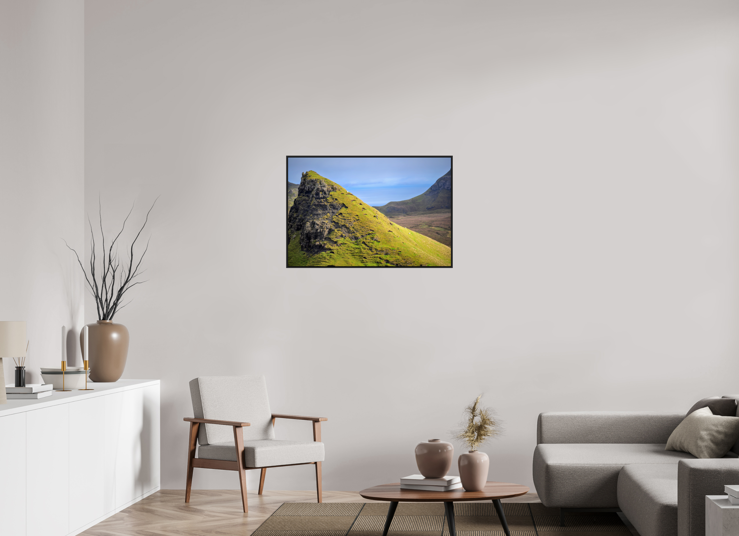 36 x 24″, Acrylic Glass Black matt .24" frame Sheep grazing on slope near Quiraing under acrylic glass with black frame