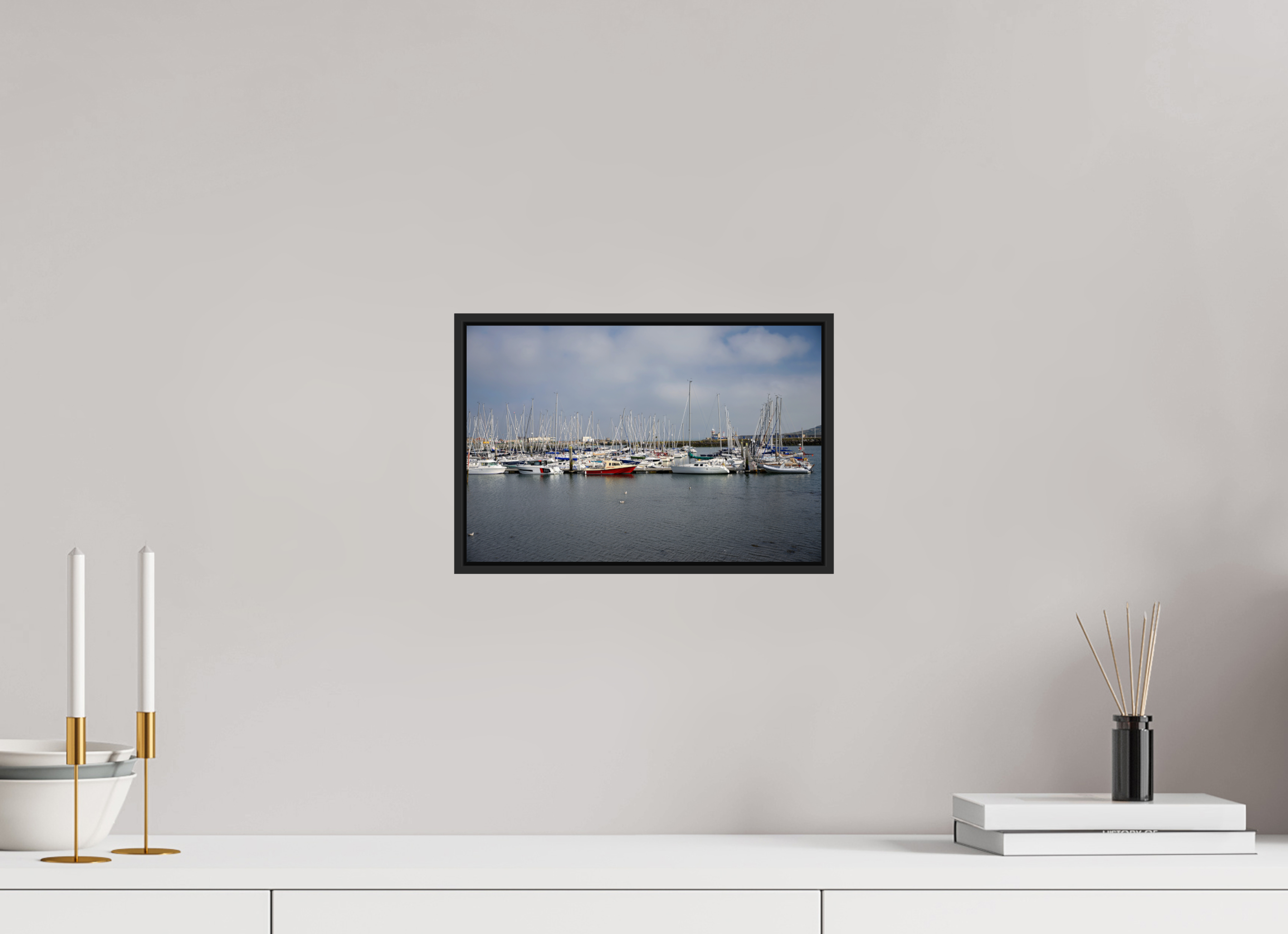 12 x 8″, Acrylic Glass Black matt .24" frame Sailing vessels in Howth Harbour under acrylic glass with black frame