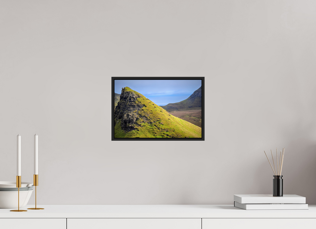 12 x 8″, Acrylic Glass Black matt .24" frame Sheep grazing on slope near Quiraing under acrylic glass with black frame