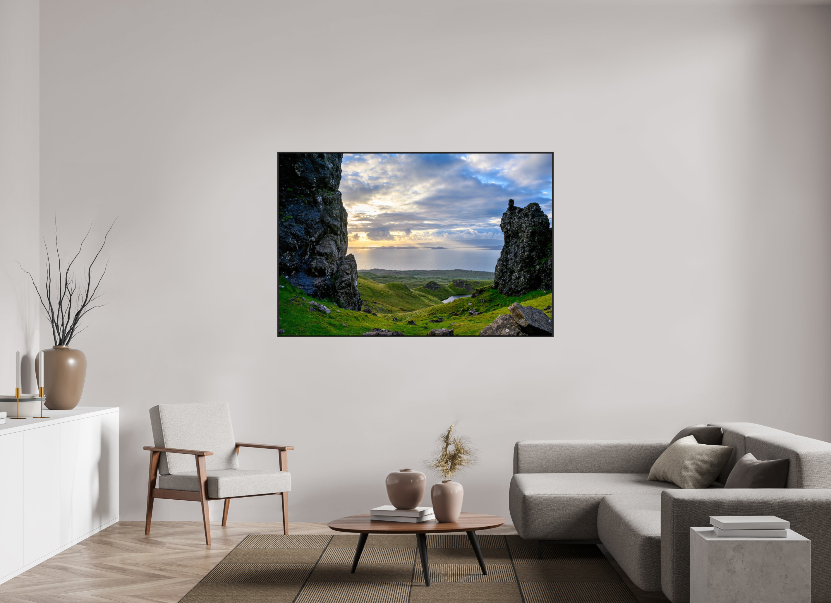 66 x 44″, Acrylic Glass Black matt .24" frame Peering through columns at the Old Man of Storr under acrylic glass with black frame