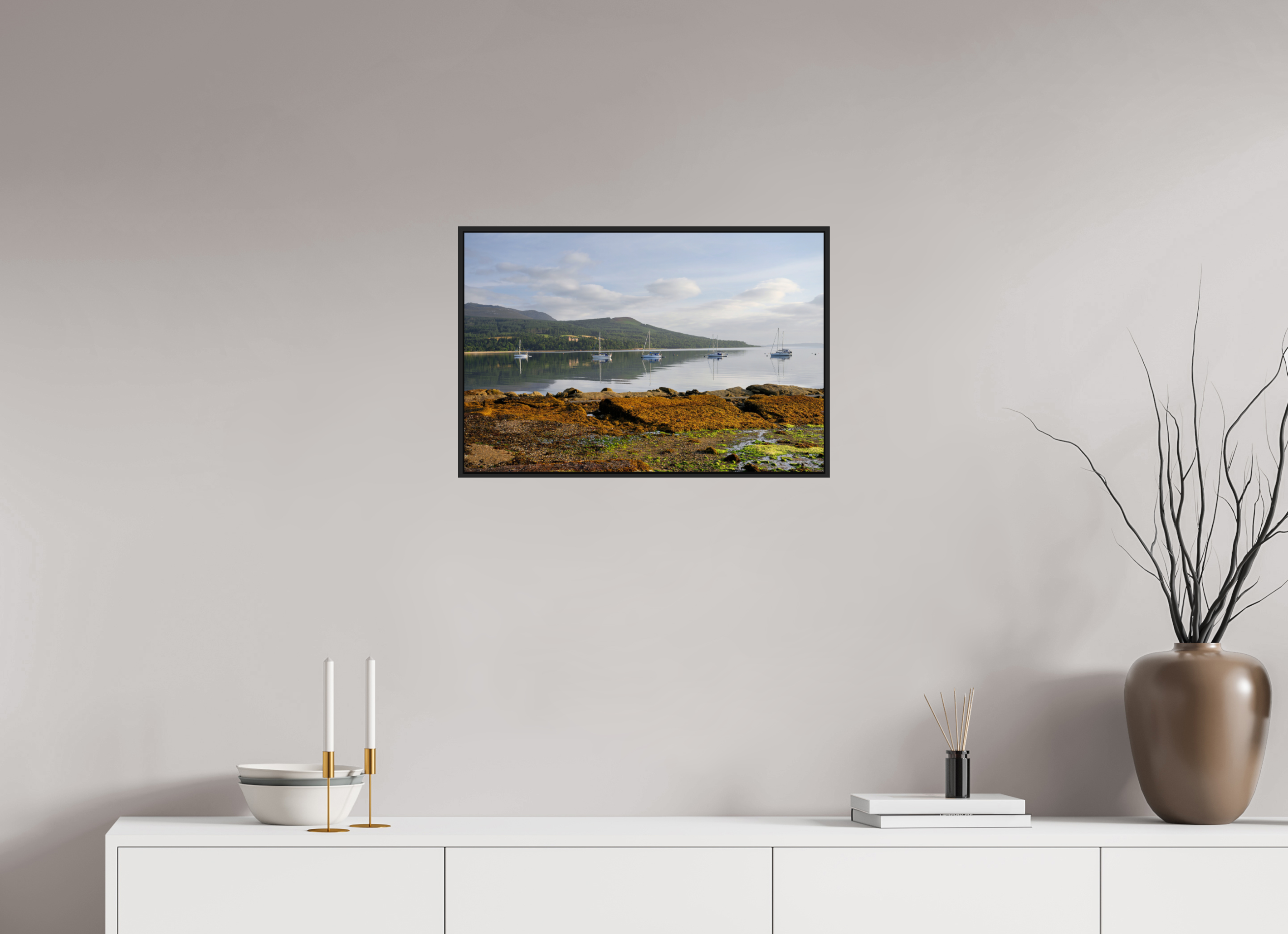 24 x 16″, Acrylic Glass Black matt .24" frame Brodick Bay at sunrise under acrylic glass with black frame