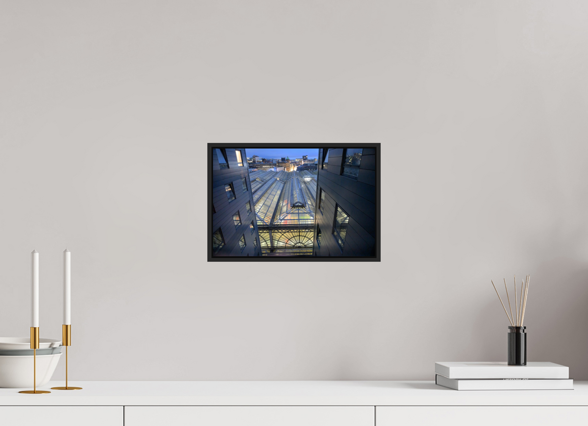 12 x 8″, Acrylic Glass Black matt .24" frame Glasgow Central Railway Station at dawn under acrylic glass with black frame