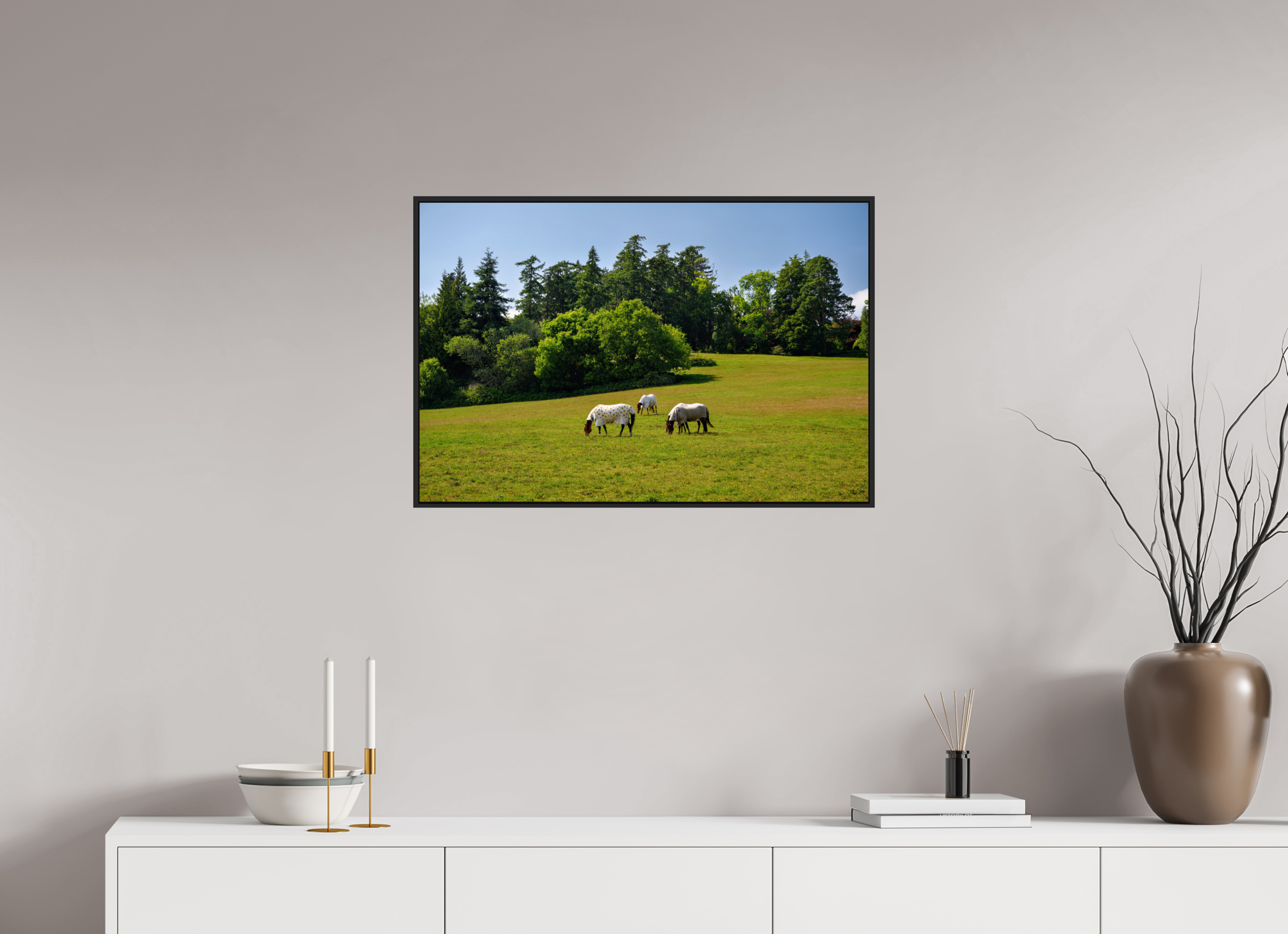 30 x 20″, Acrylic Glass Black matt .24" frame Horses near Powerscourt Gardens under acrylic glass with black frame