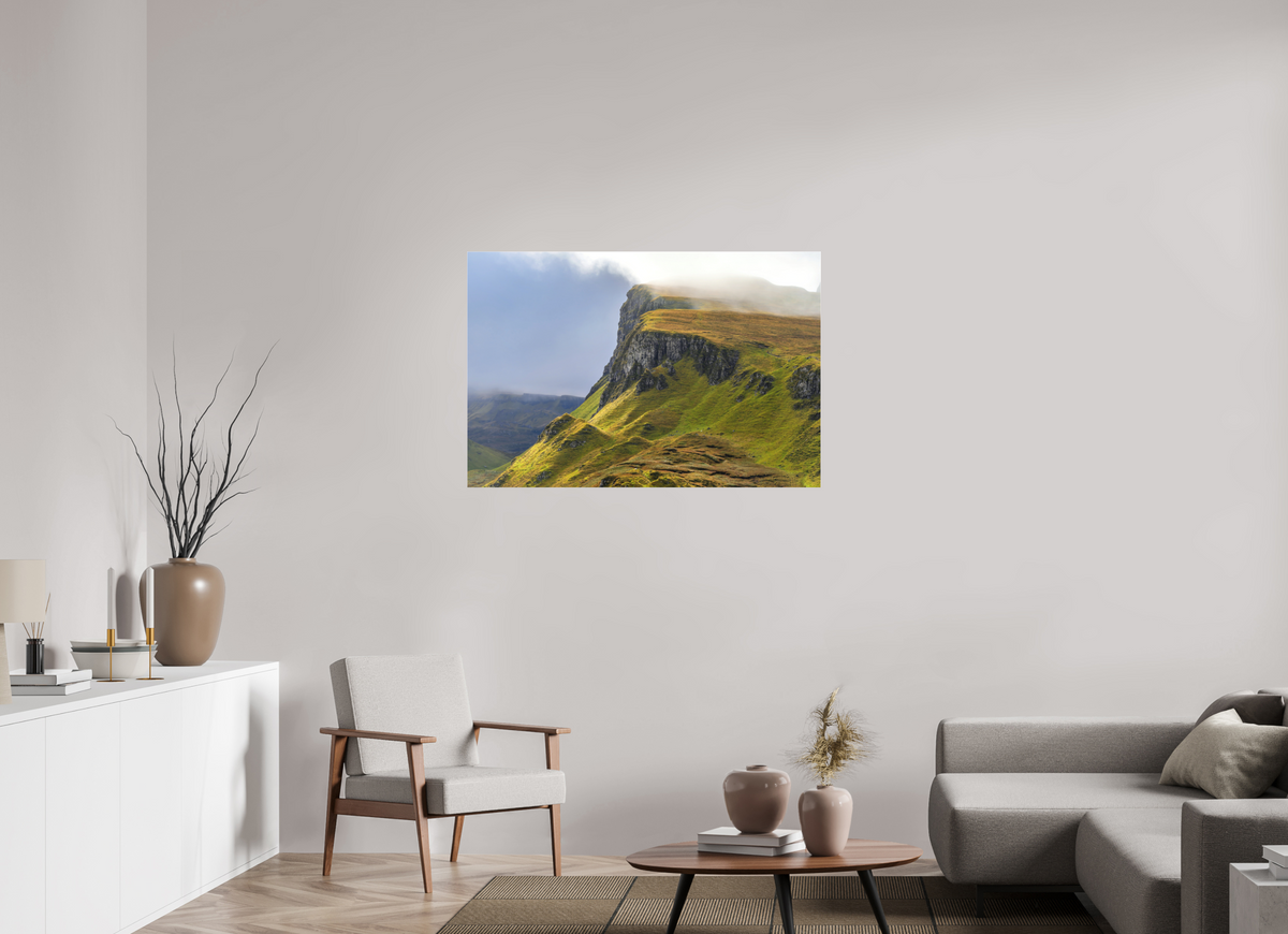 45 x 30″, Matte Acrylic Glass without frame Rocky cliffs in misty sunshine near the Quiraing on Matte Acrylic Glass without frame