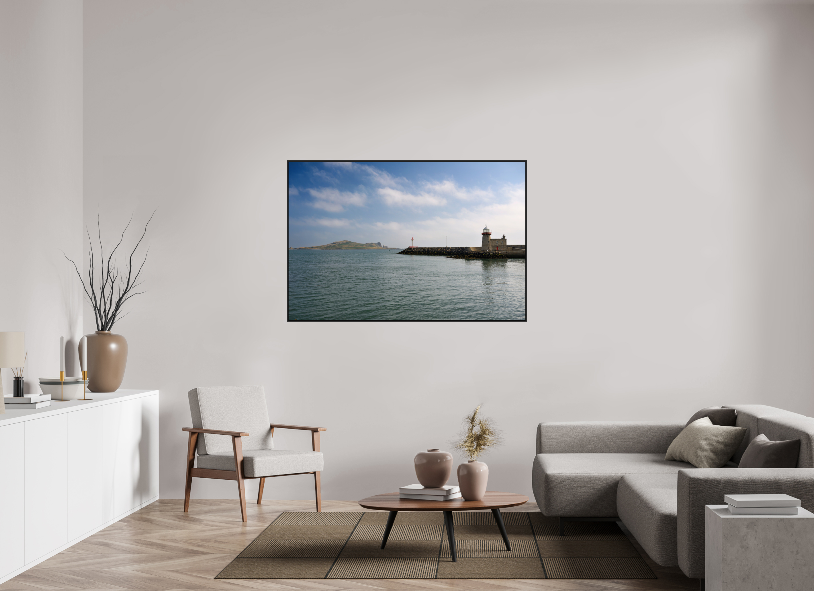 60 x 40″, Acrylic Glass Black matt .24" frame Howth Harbour and Lighthouse under acrylic glass with black frame