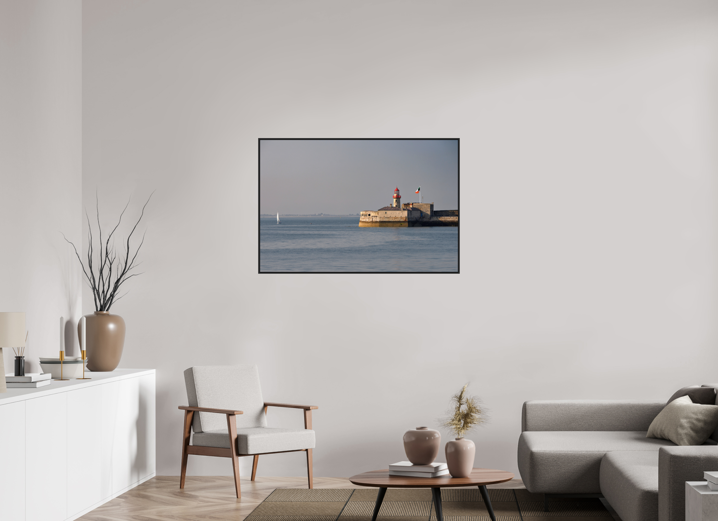 45 x 30″, Acrylic Glass Black matt .24" frame Dun Laoghaire Lighthouse at sunset under acrylic glass with black frame