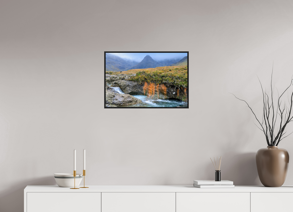 24 x 16″, Acrylic Glass Black matt .24" frame Fairy Pools stream under acrylic glass with black frame