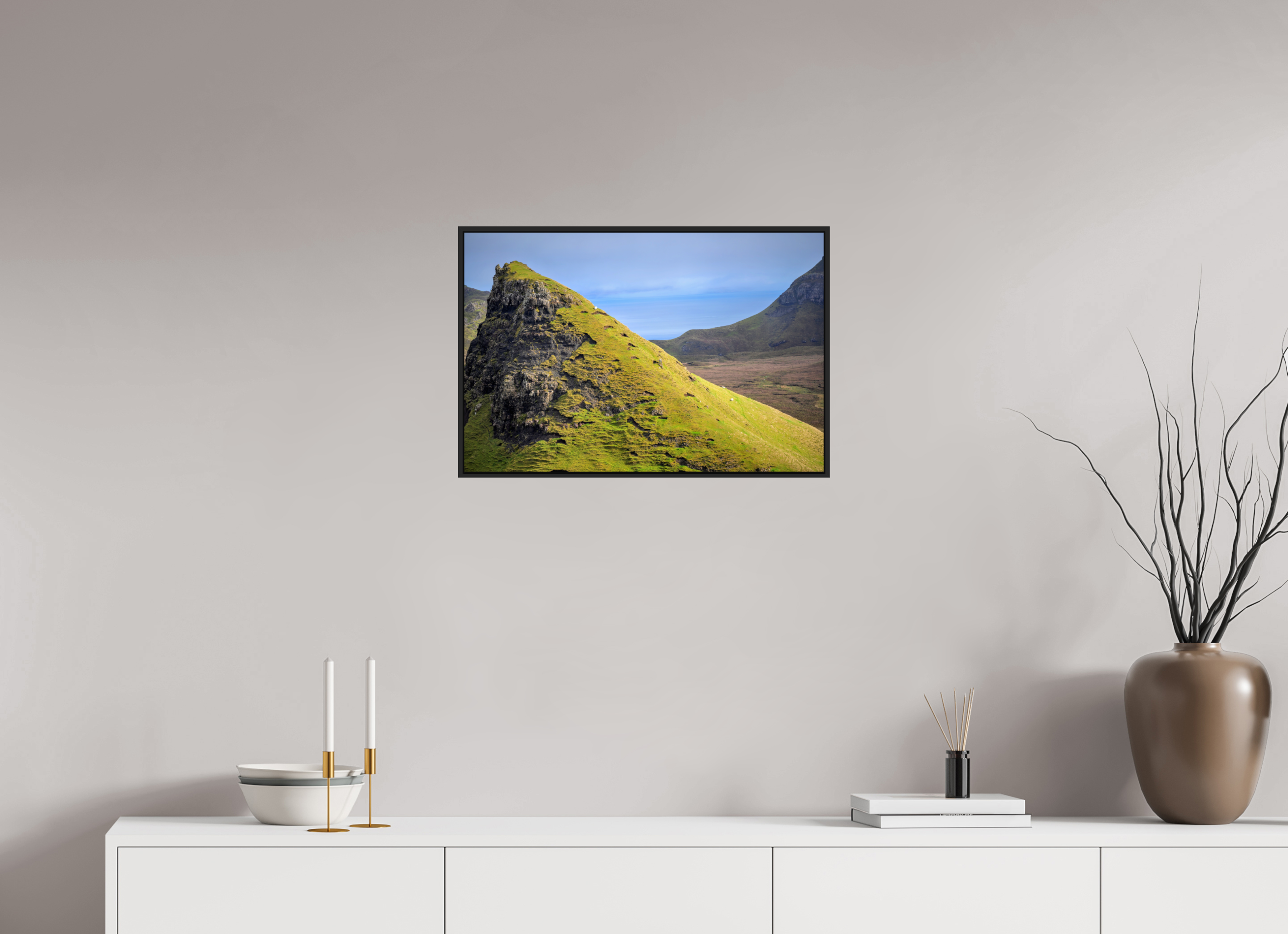 24 x 16″, Acrylic Glass Black matt .24" frame Sheep grazing on slope near Quiraing under acrylic glass with black frame