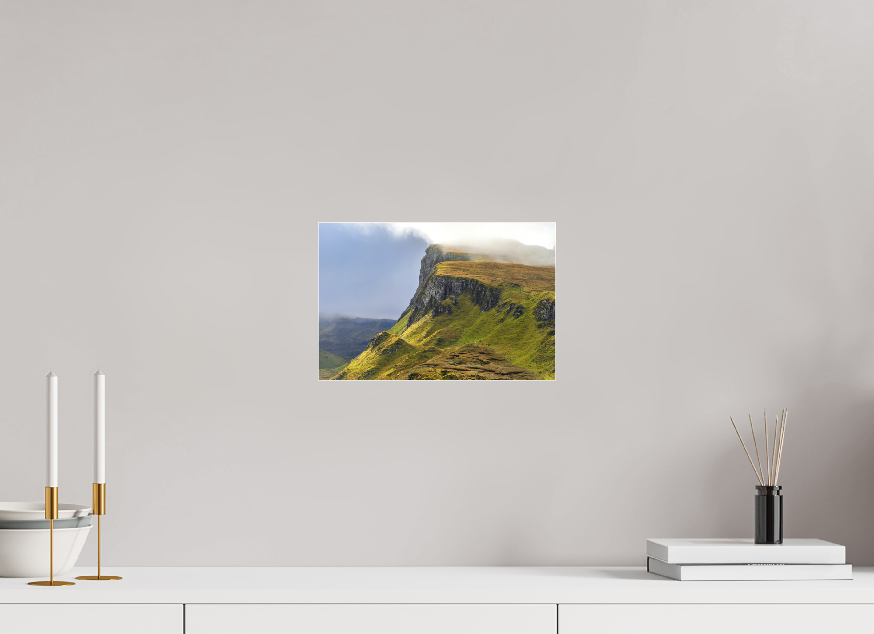 12 x 8″, Matte Acrylic Glass without frame Rocky cliffs in misty sunshine near the Quiraing on Matte Acrylic Glass without frame