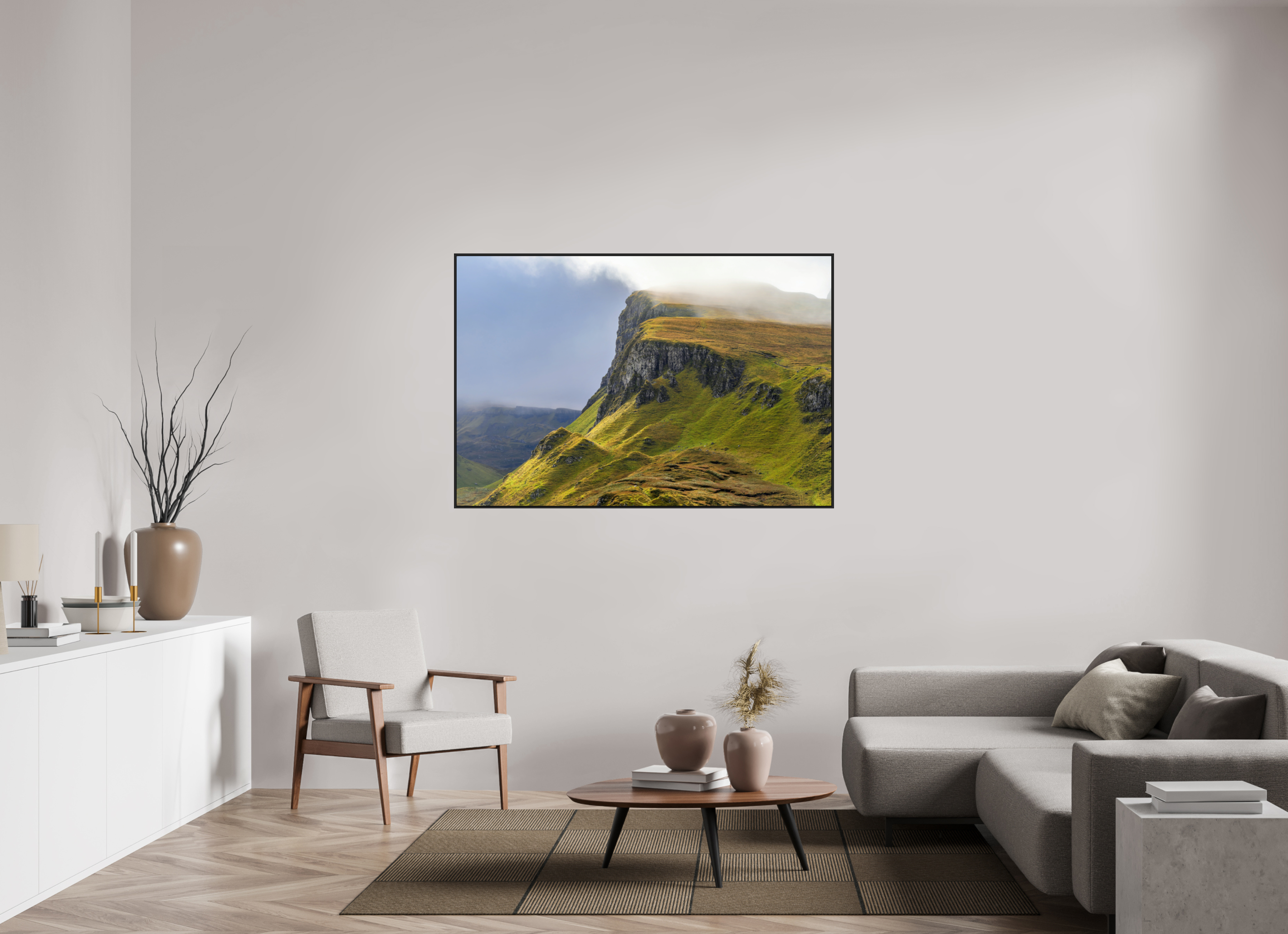 60 x 40″, Acrylic Glass Black matt .24" frame Rocky cliffs under acrylic glass with black frame