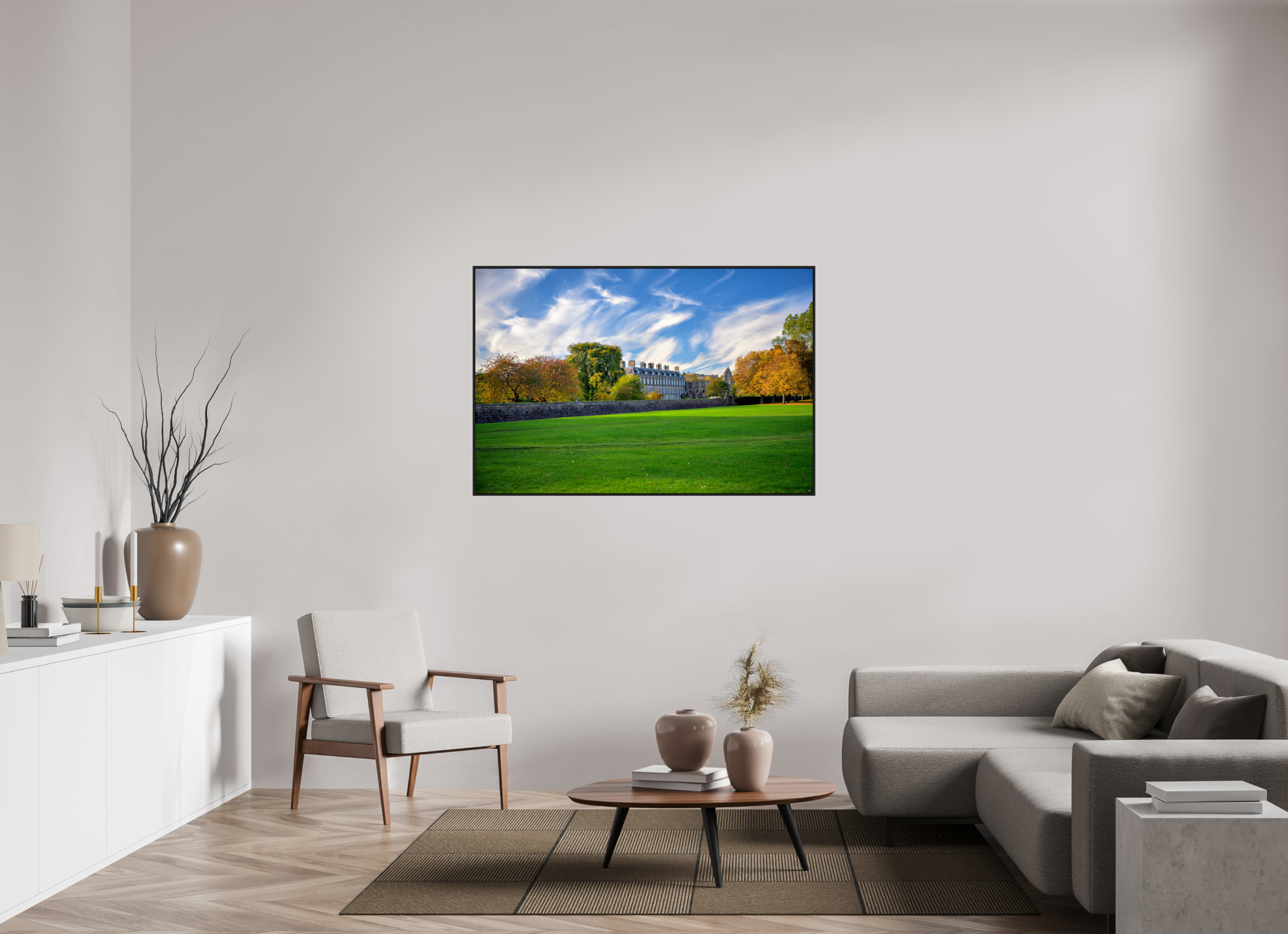 54 x 36″, Acrylic Glass Black matt .24" frame Holyrood Palace on a bright sunny day under acrylic glass with black frame