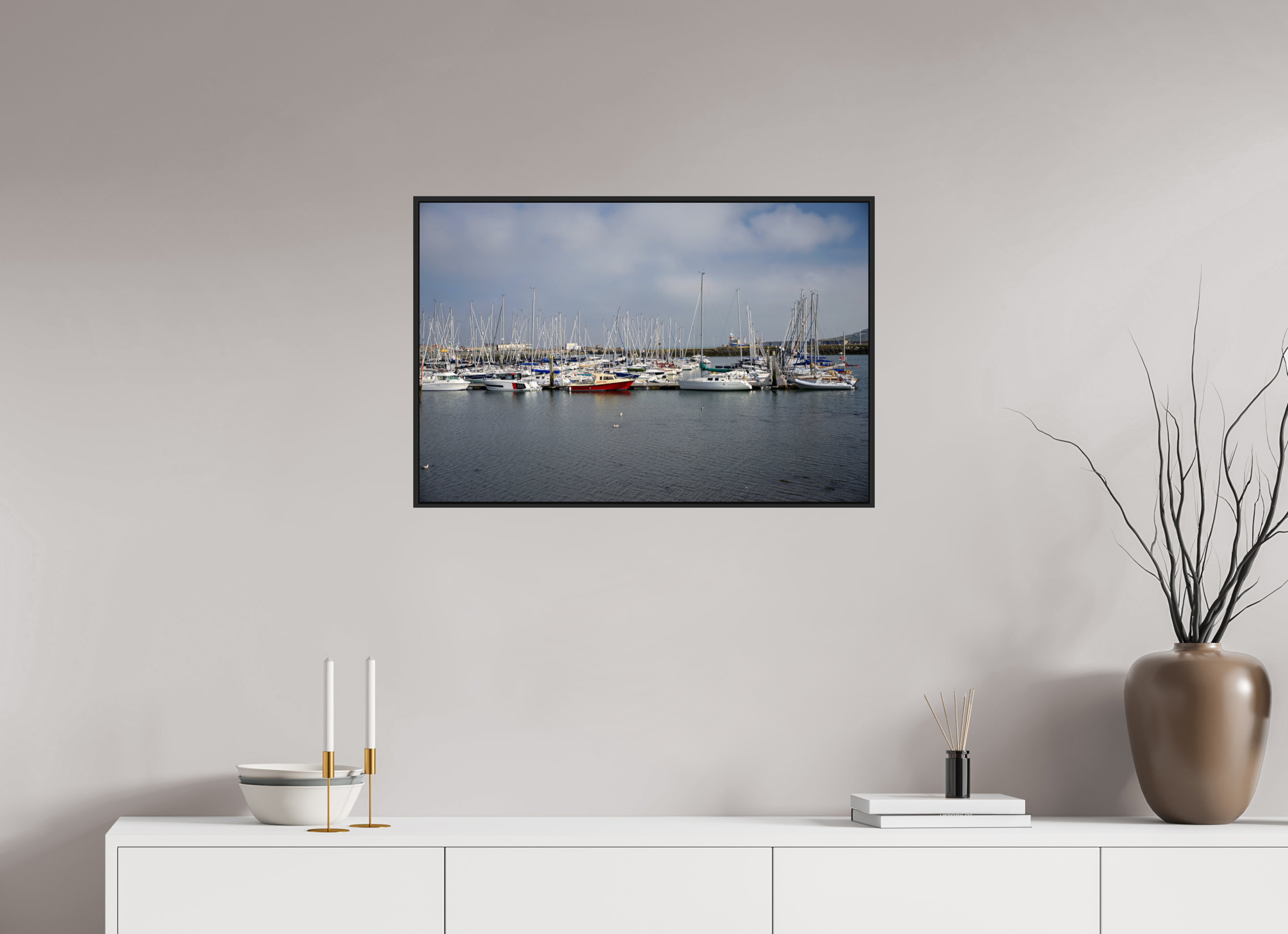 30 x 20″, Acrylic Glass Black matt .24" frame Sailing vessels in Howth Harbour under acrylic glass with black frame