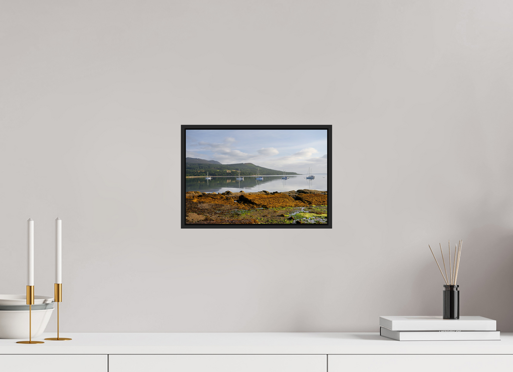 12 x 8″, Acrylic Glass Black matt .24" frame Brodick Bay at sunrise under acrylic glass with black frame