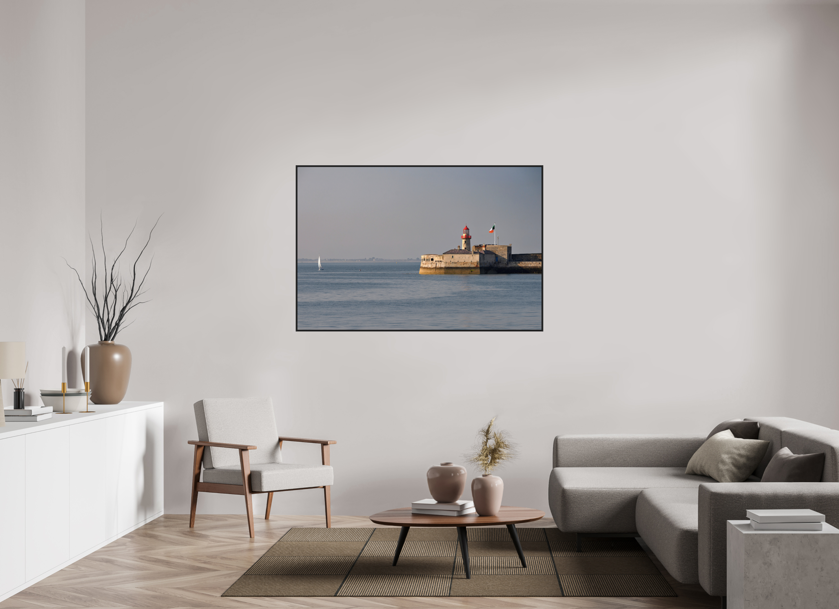 60 x 40″, Acrylic Glass Black matt .24" frame Dun Laoghaire Lighthouse at sunset under acrylic glass with black frame
