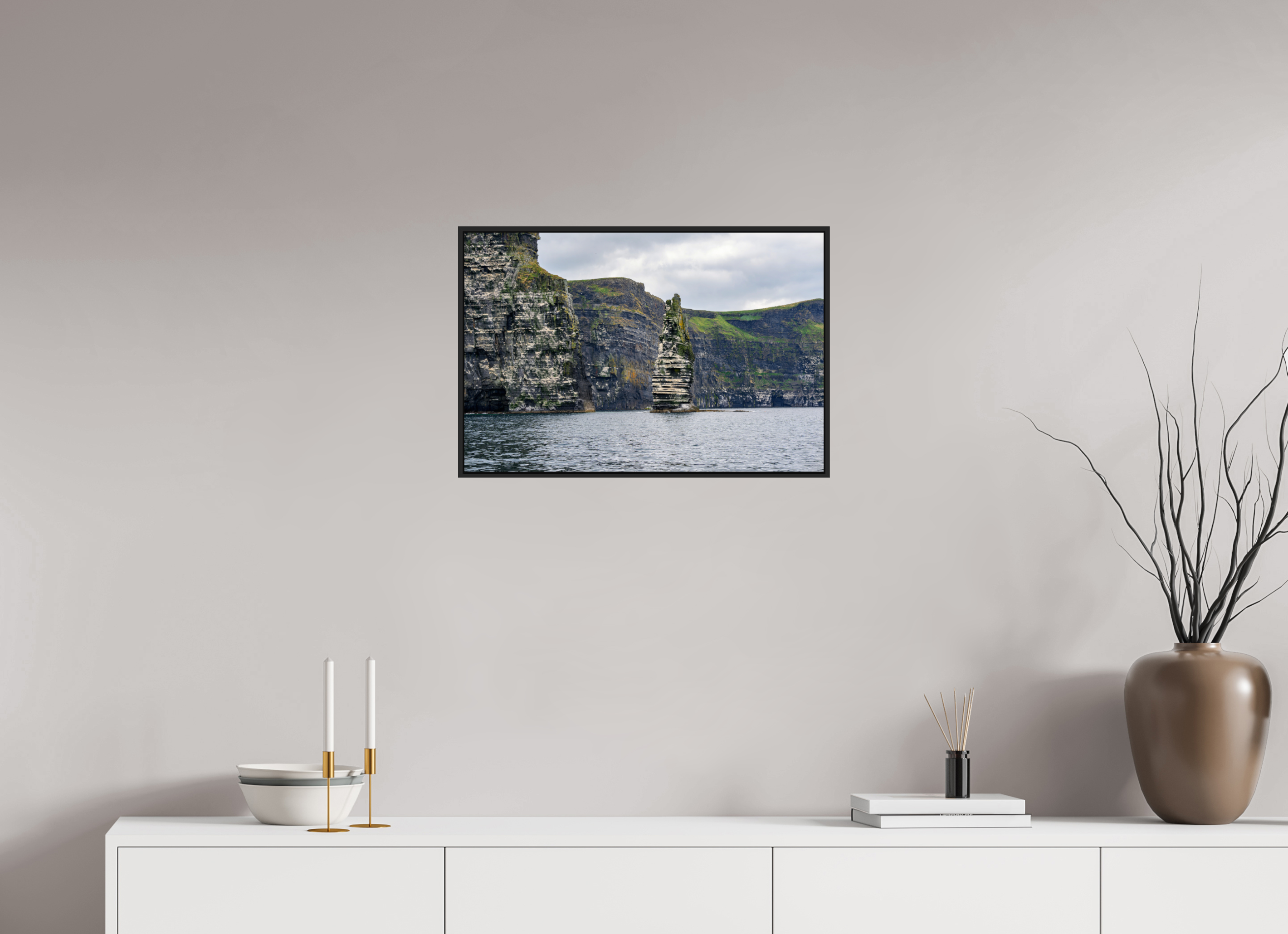 24 x 16″, Acrylic Glass Black matt .24" frame Cliffs of Mohre under acrylic glass with black frame