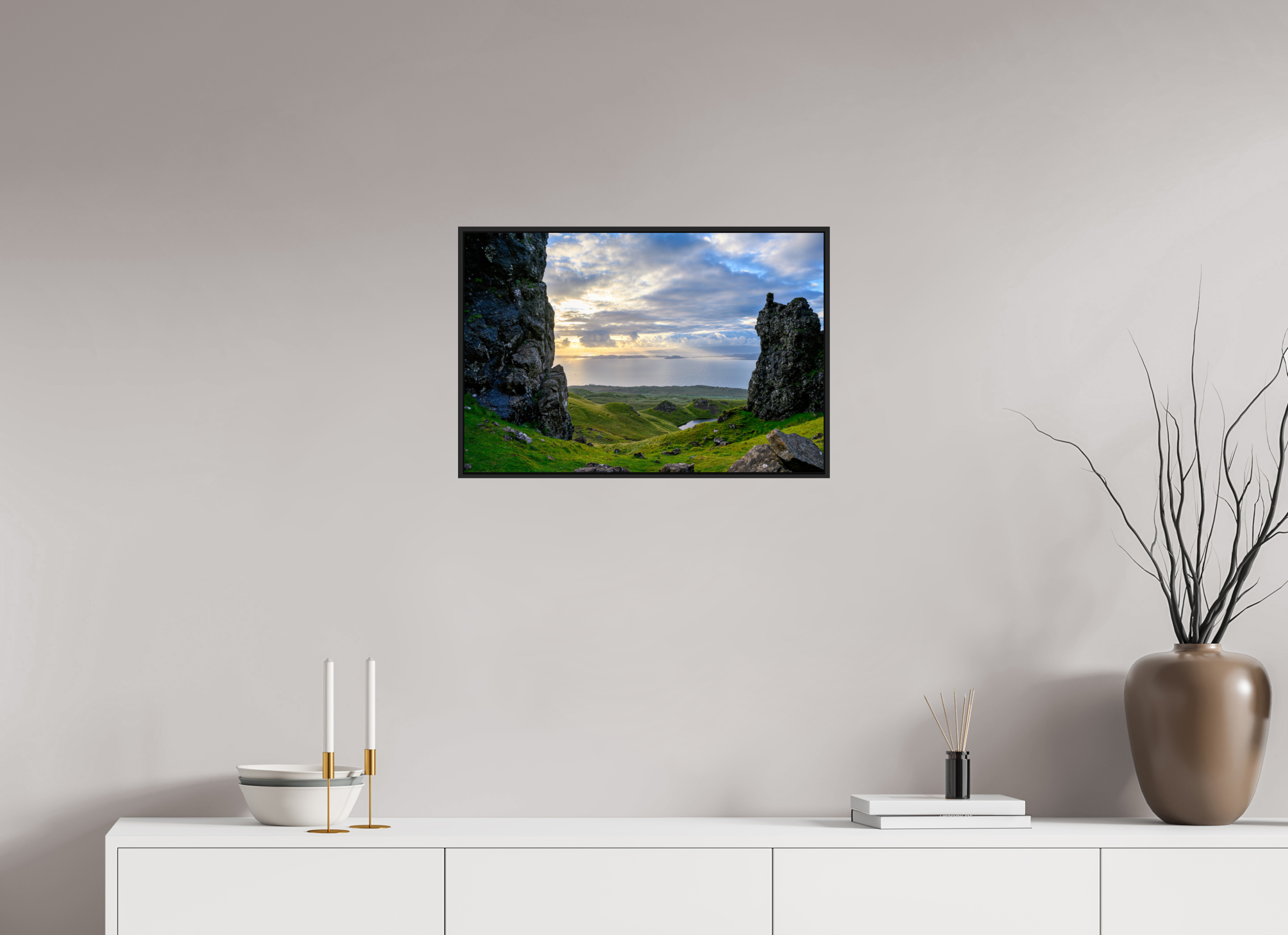 24 x 16″, Acrylic Glass Black matt .24" frame Peering through columns at the Old Man of Storr under acrylic glass with black frame