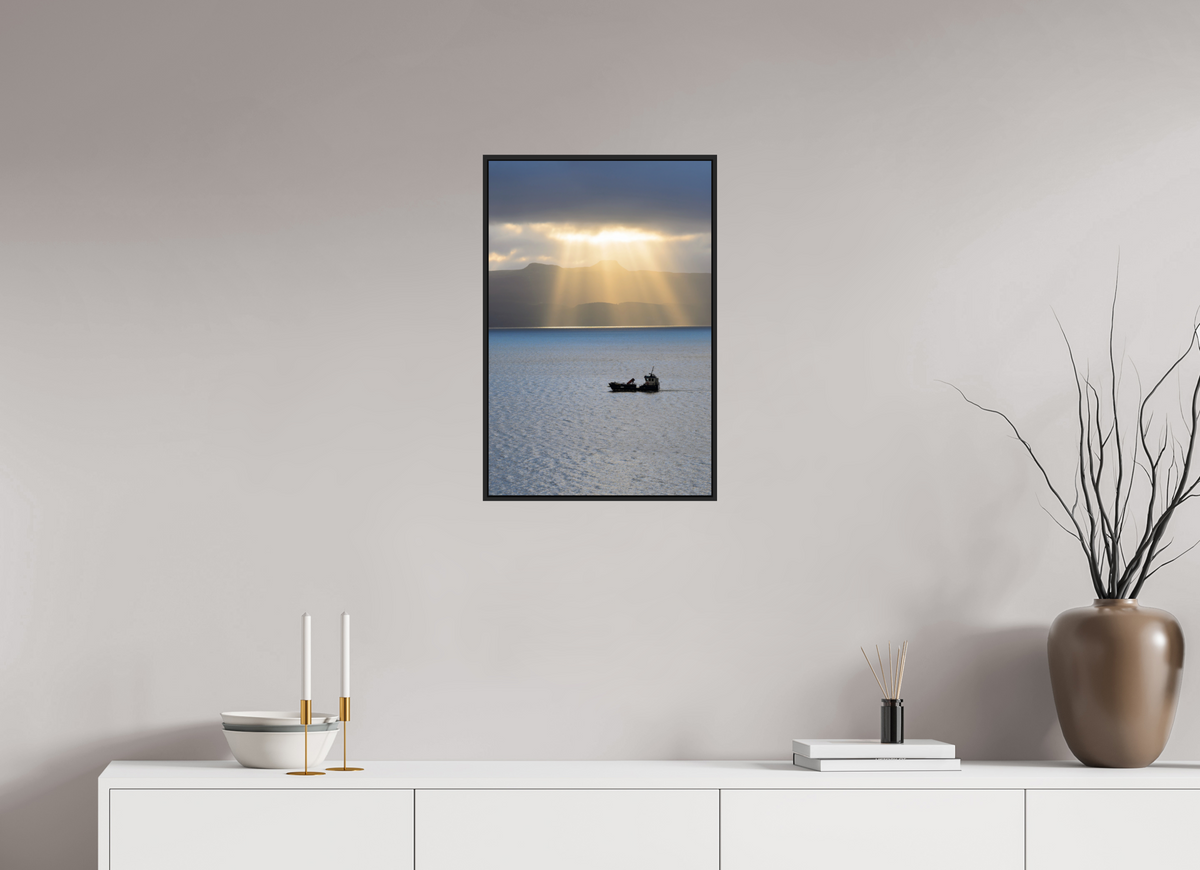 16 x 24″, Acrylic Glass Black Matt .24" frame Morning sunburst on Isle of Skye under acrylic glass with black frame