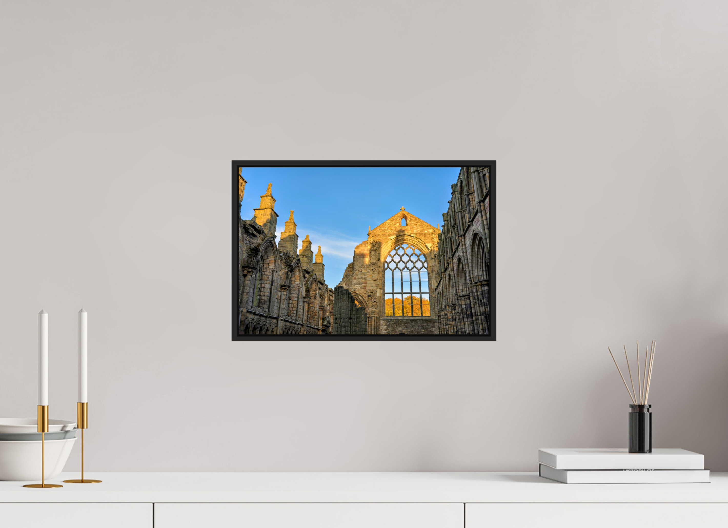 15 x 10″, Acrylic Glass Black matt .24" frame Holyrood Abbey at sunset under acrylic glass with black frame