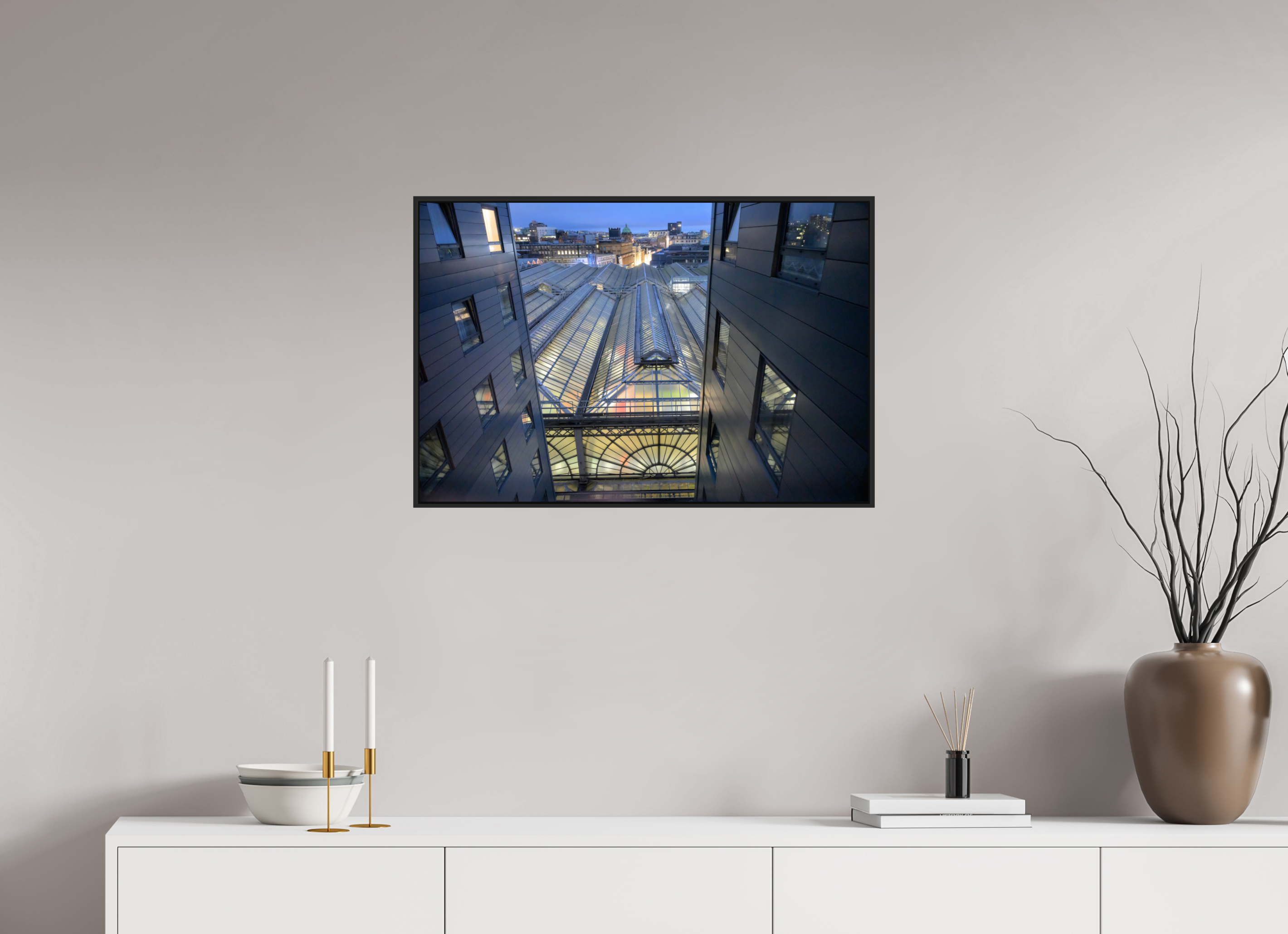 30 x 20″, Acrylic Glass Black matt .24" frame Glasgow Central Railway Station at dawn under acrylic glass with black frame