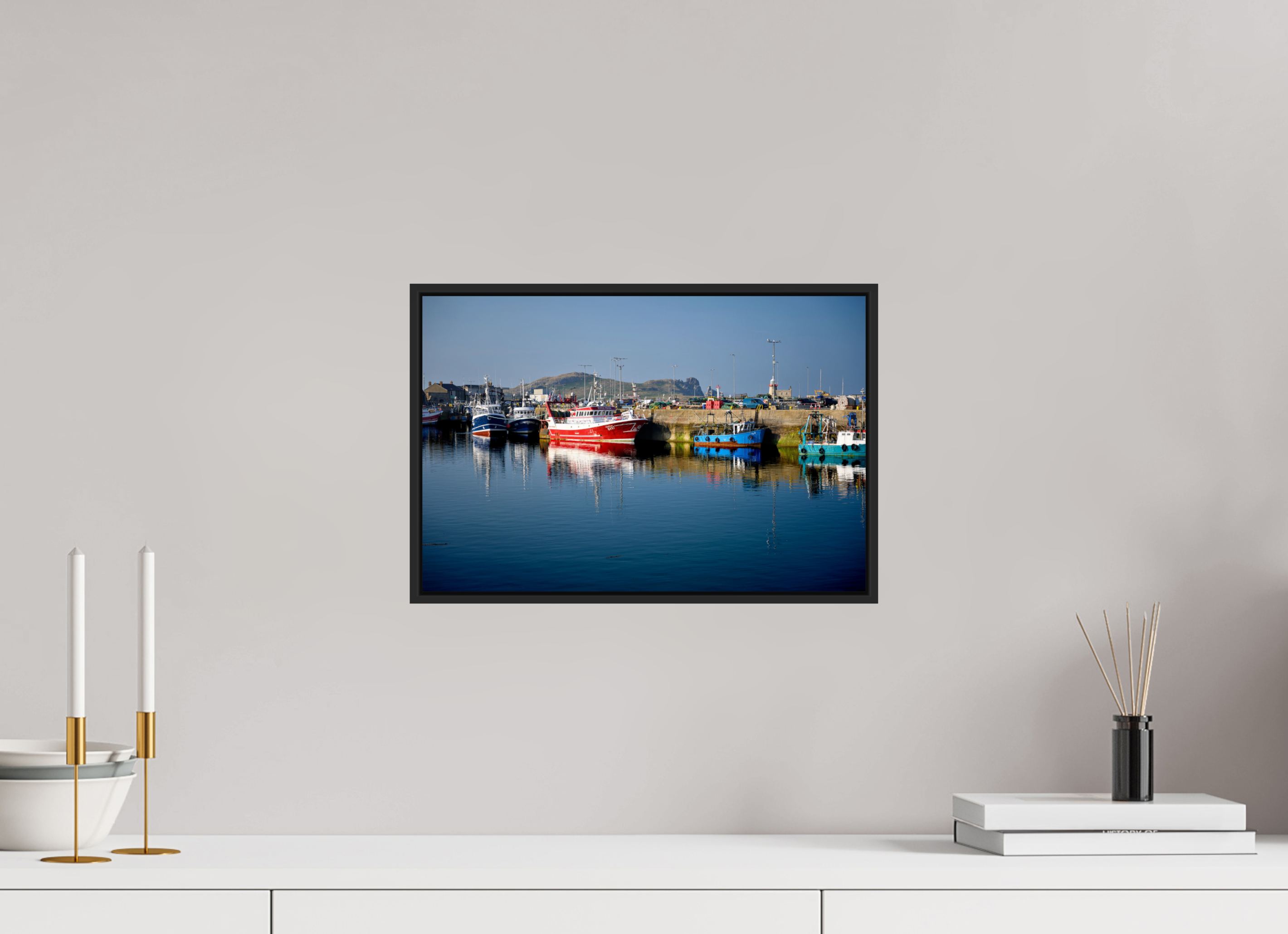 15 x 10″, Acrylic Glass Black matt .24" frame Fishing vessels at Howth Harbour Middle Pier under acrylic glass with black frame