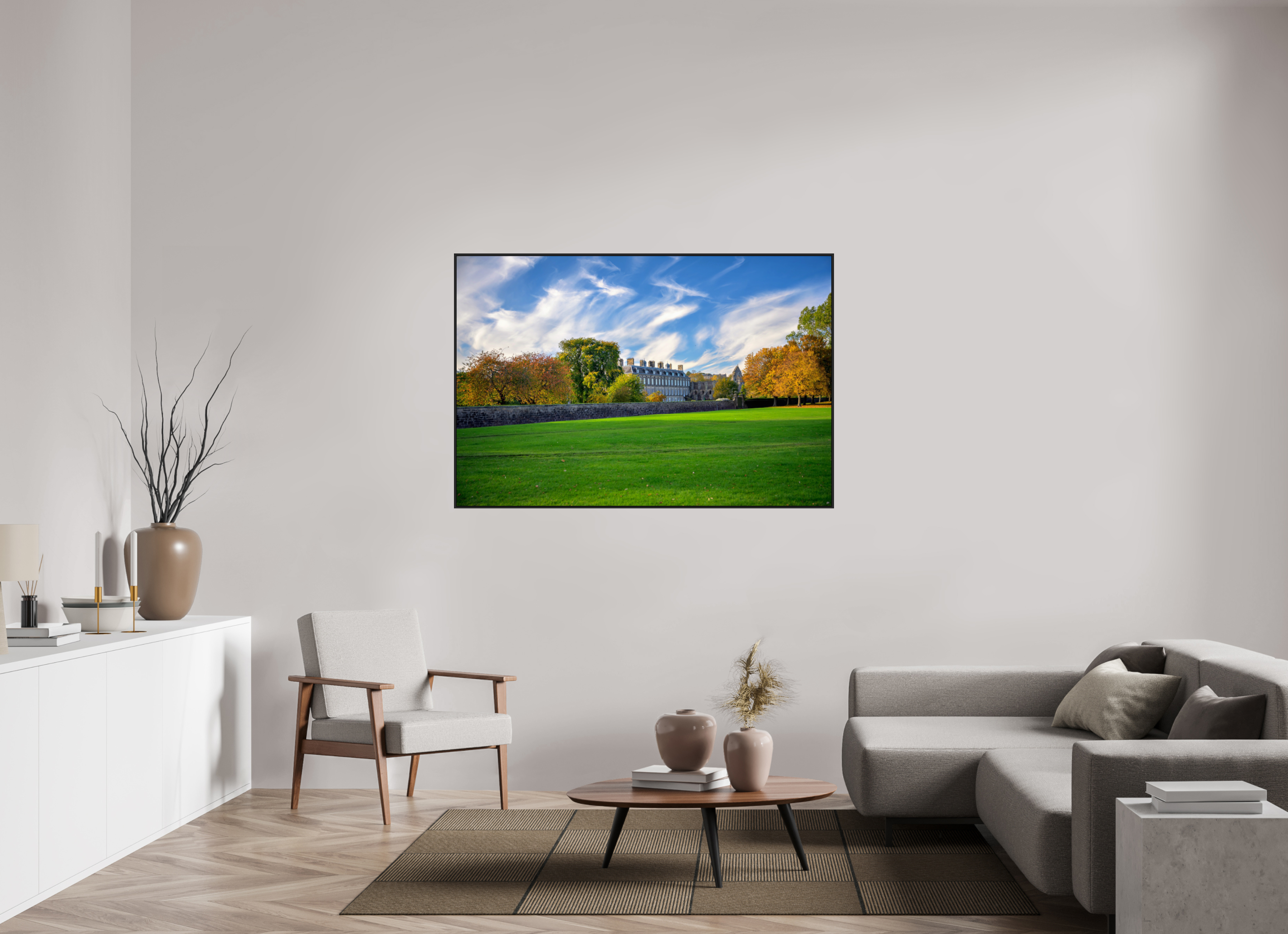 60 x 40″, Acrylic Glass Black matt .24" frame Holyrood Palace on a bright sunny day under acrylic glass with black frame