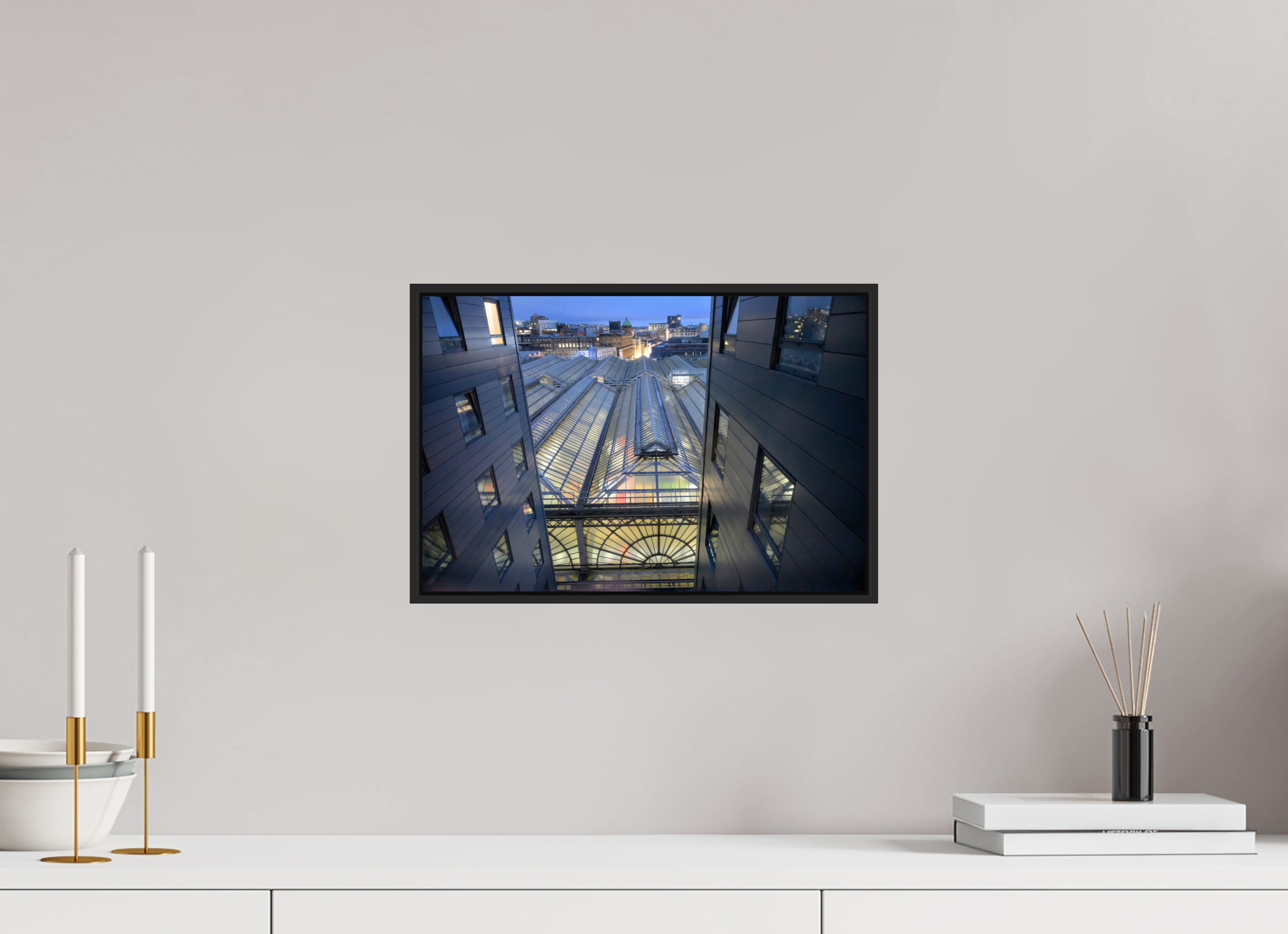 15 x 10″, Acrylic Glass Black matt .24" frame Glasgow Central Railway Station at dawn under acrylic glass with black frame