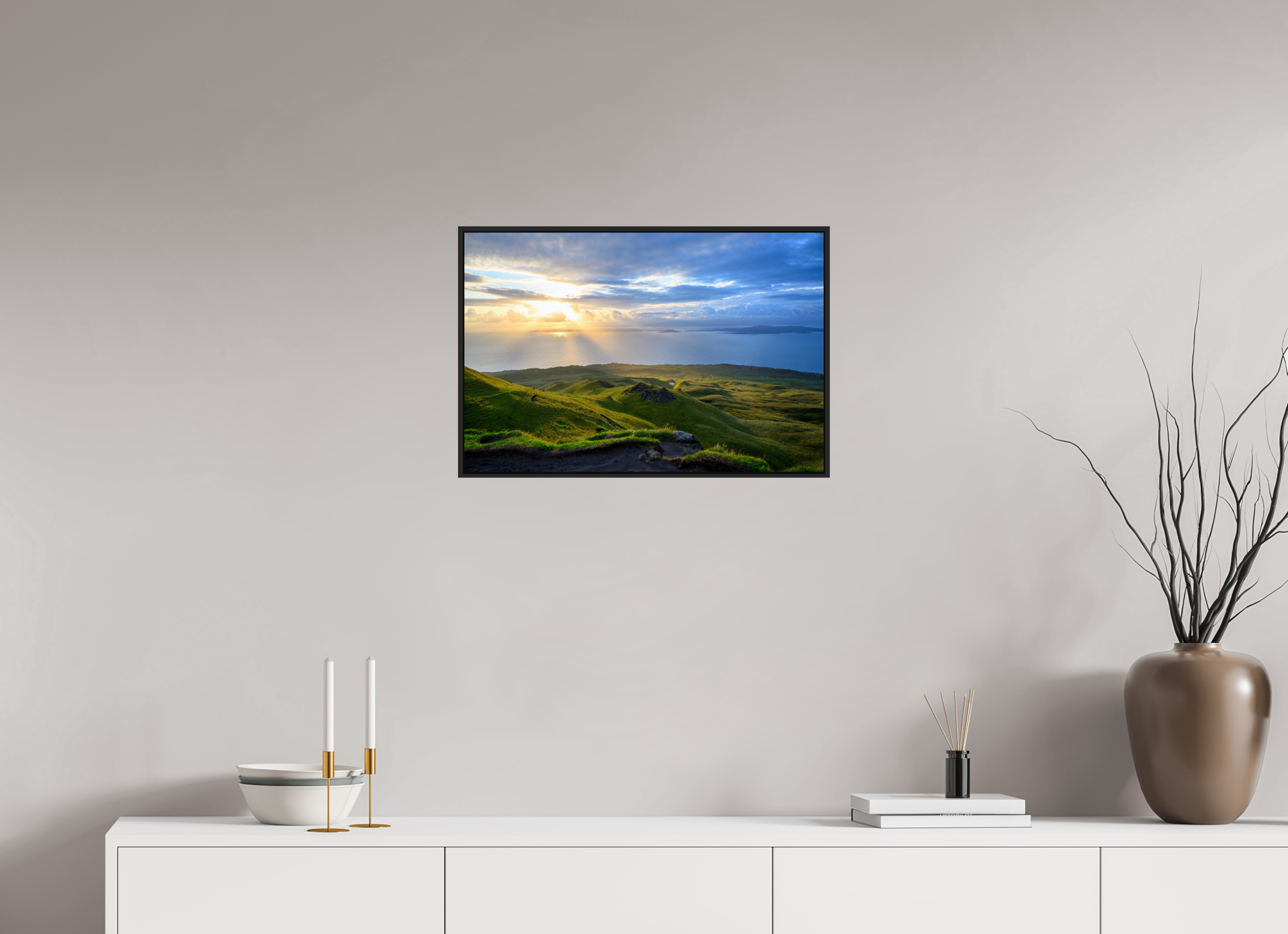 24 x 16″, Acrylic Glass Black matt .24" frame Sunrise over the Sound of Raasay under acrylic glass with black frame