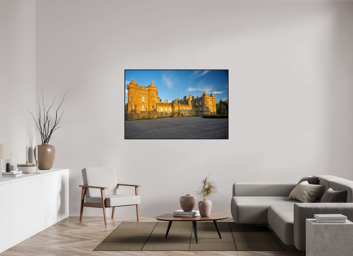 60 x 40″, Acrylic Glass Black matt .24" frame Holyrood Palace at sunset under acrylic glass with black frame