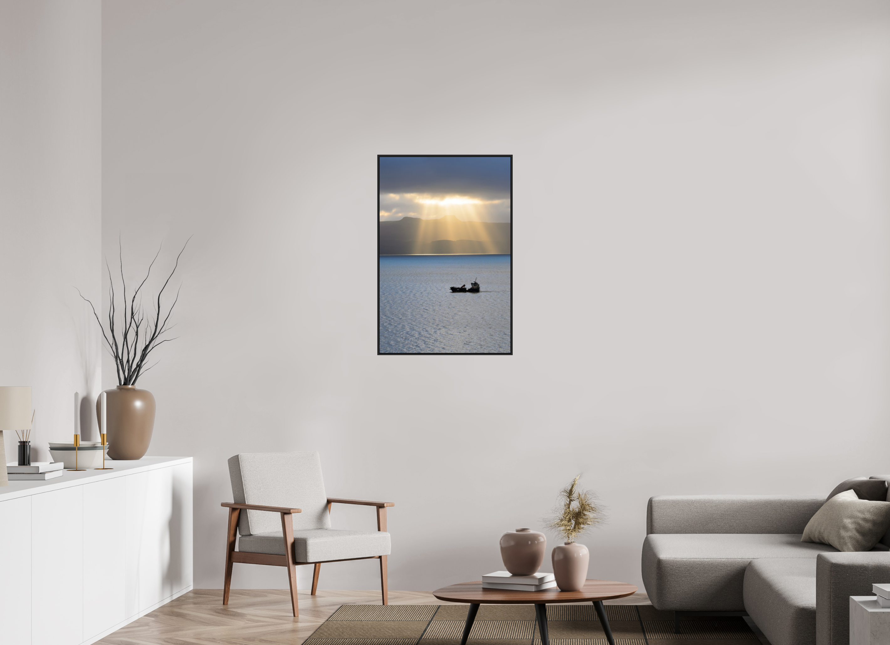 24 x 36″, Acrylic Glass Black Matt .24" frame Morning sunburst on Isle of Skye under acrylic glass with black frame