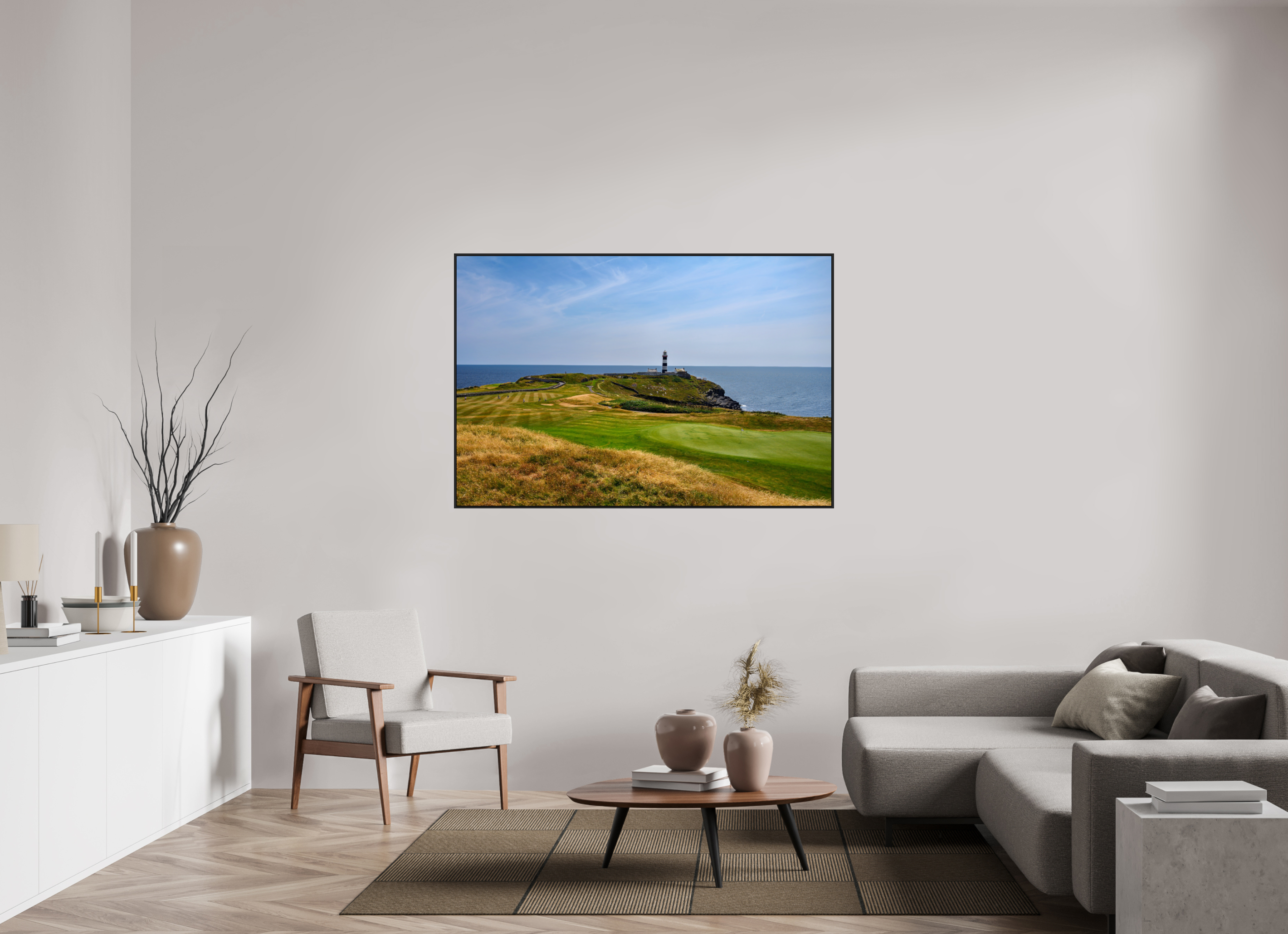 60 x 40″, Acrylic Glass Black matt .24" frame Old Head golf course and lighthouse under acrylic glass in black frame