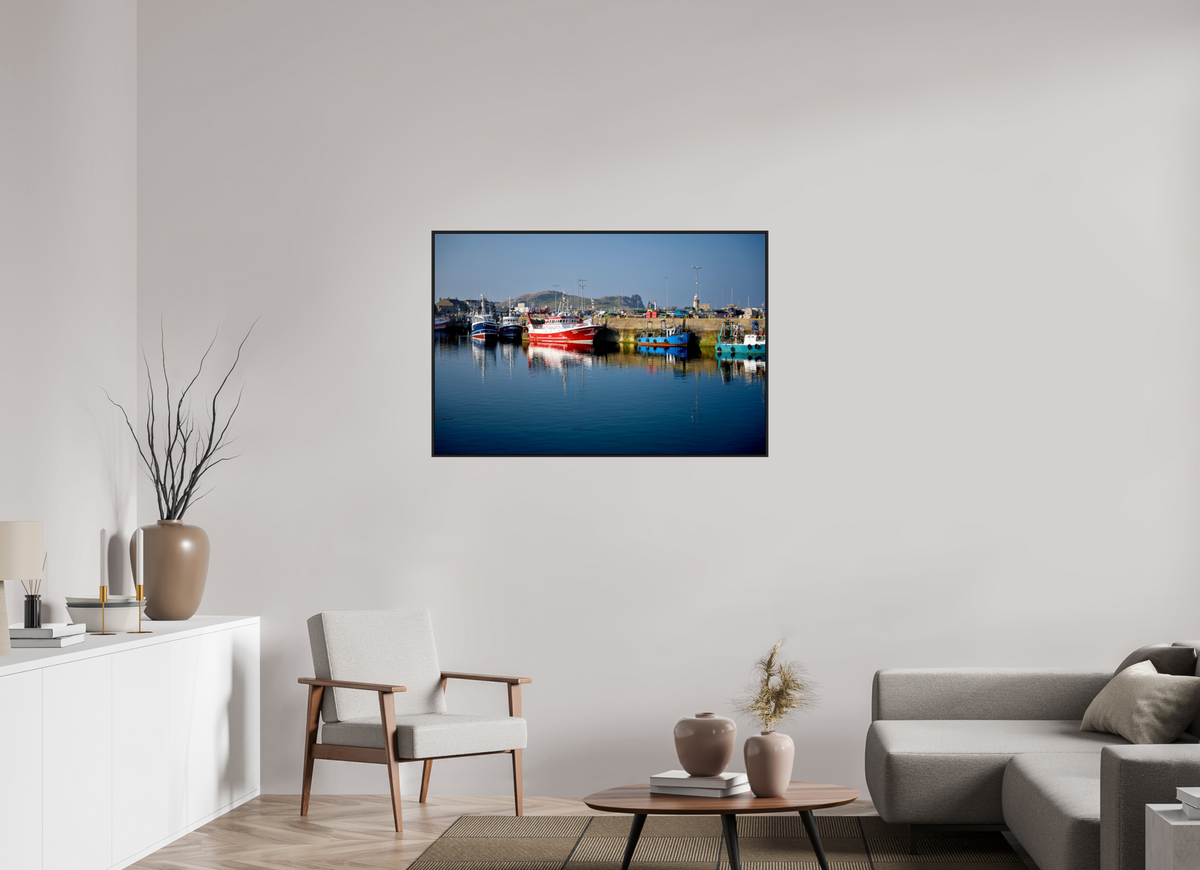45 x 30″, Acrylic Glass Black matt .24" frame Fishing vessels at Howth Harbour Middle Pier under acrylic glass with black frame