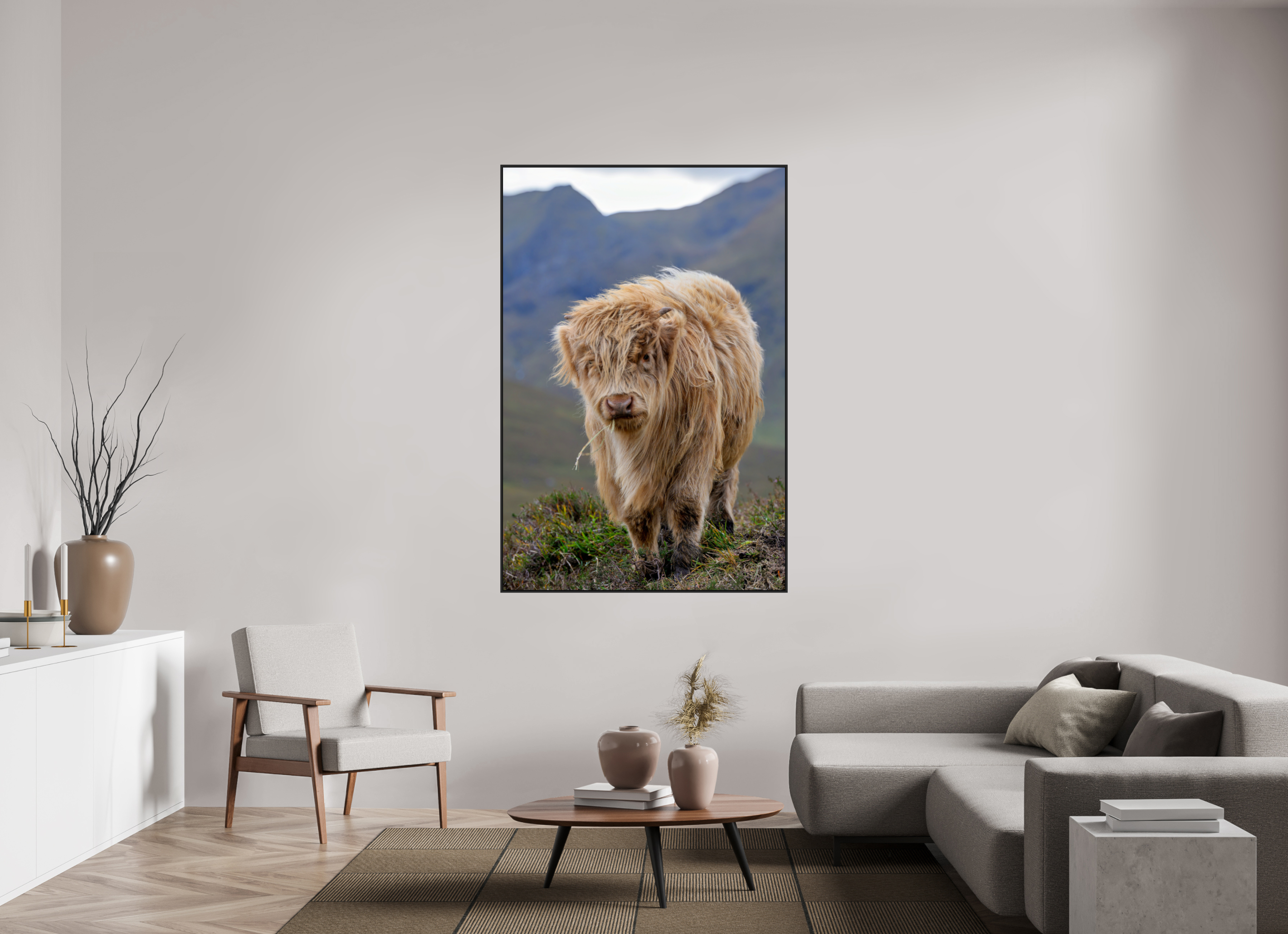 44 x 66″, Acrylic Glass Black Matt .24" frame Scottish Highland "Coo" under acrylic glass with black frame