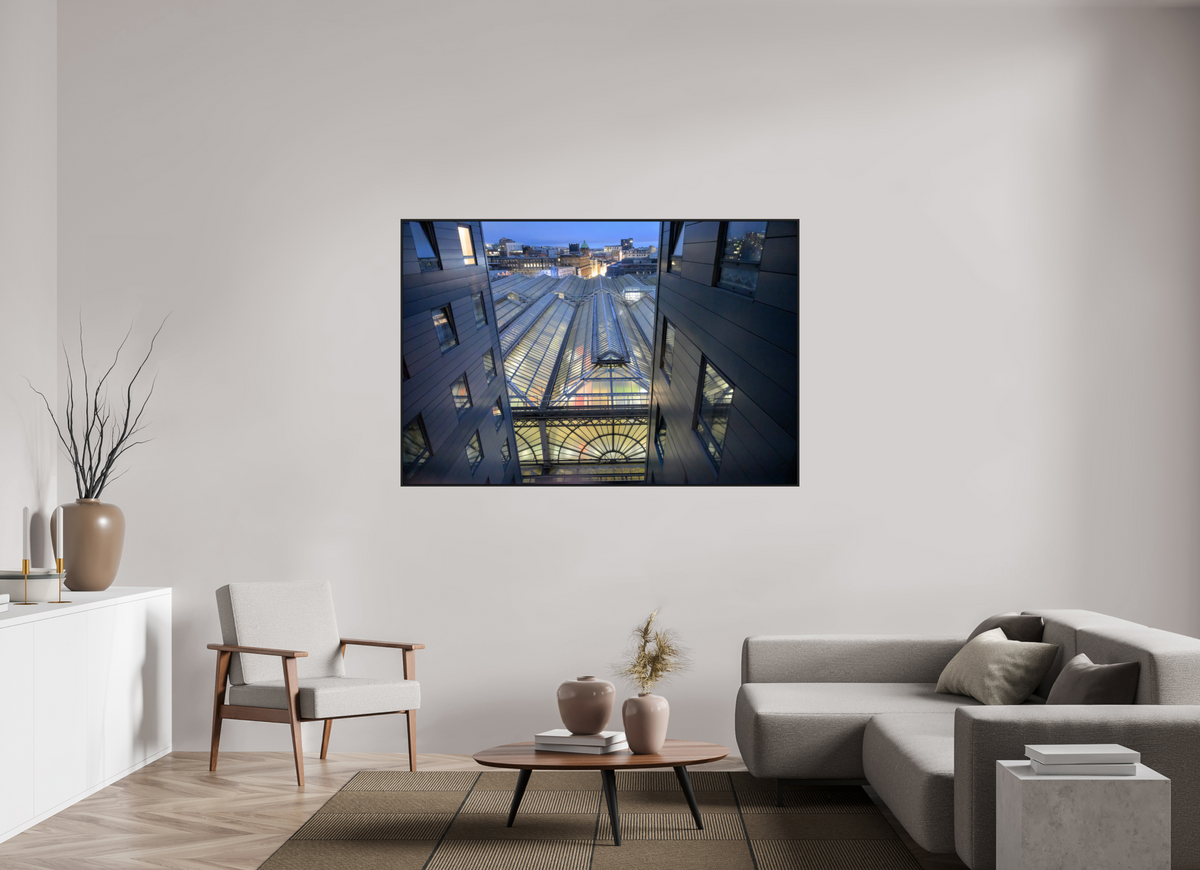 66 x 44″, Acrylic Glass Black matt .24" frame Glasgow Central Railway Station at dawn under acrylic glass with black frame
