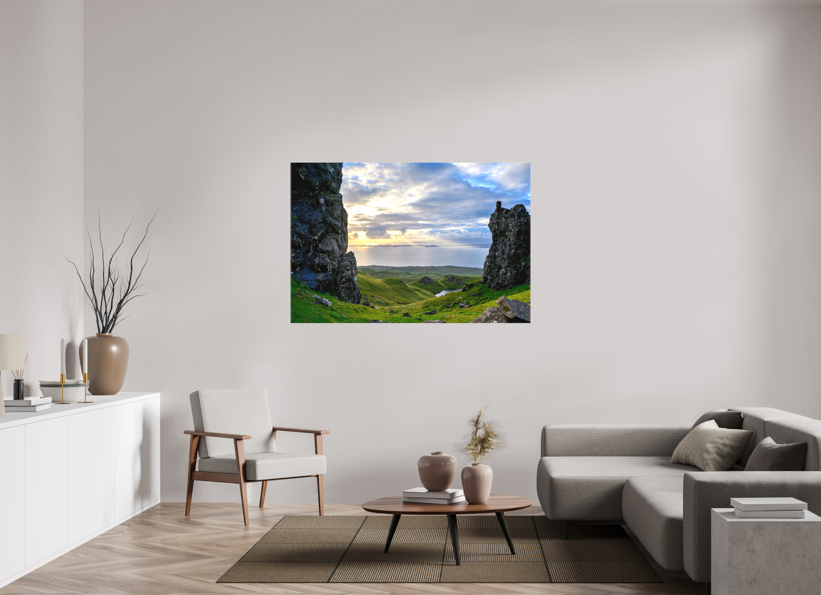 60 x 40″, Matte Canvas with wrapped edges - no frame Peering through columns at the Old Man of Storr on canvas