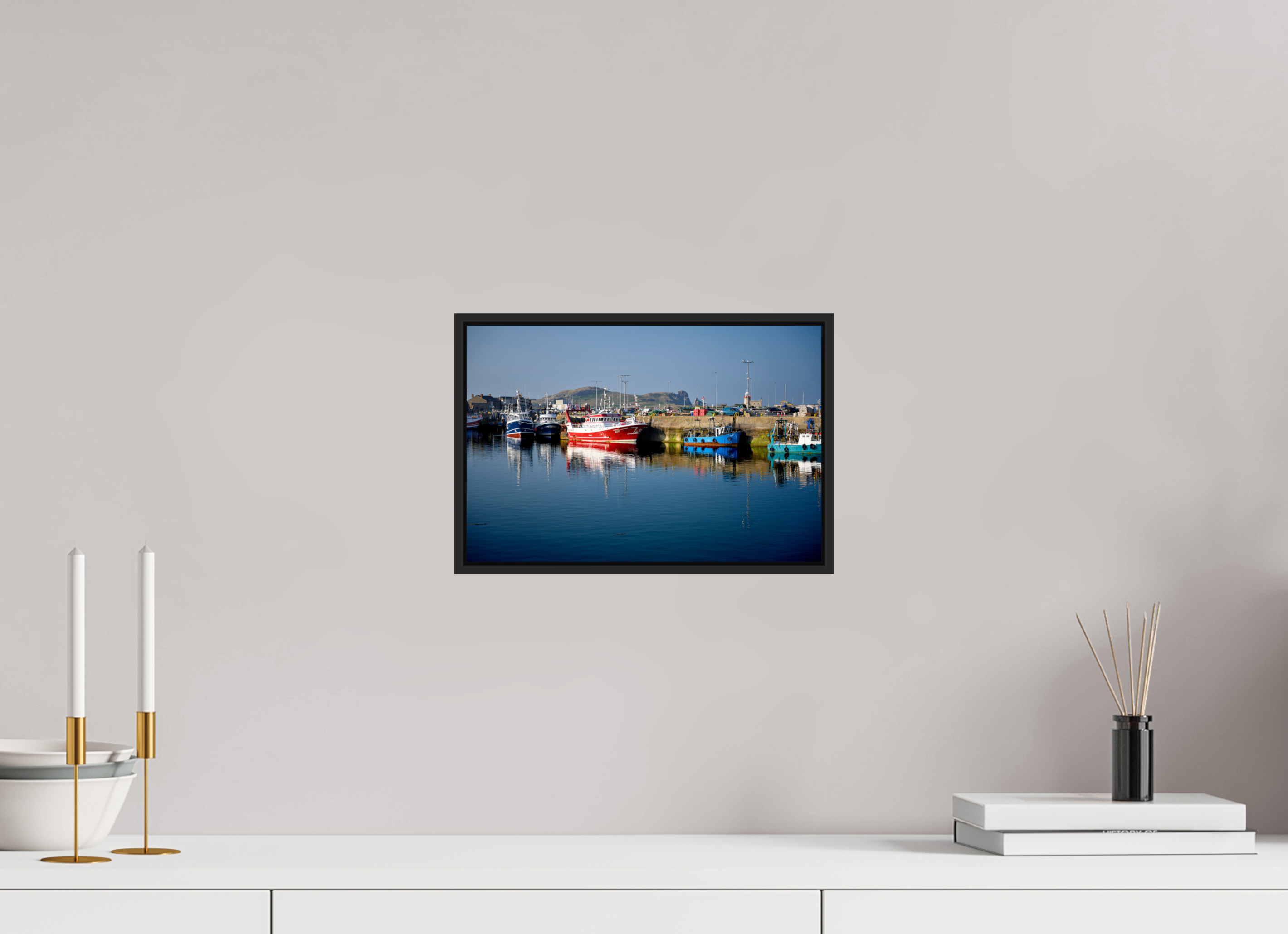 12 x 8″, Acrylic Glass Black matt .24" frame Fishing vessels at Howth Harbour Middle Pier under acrylic glass with black frame