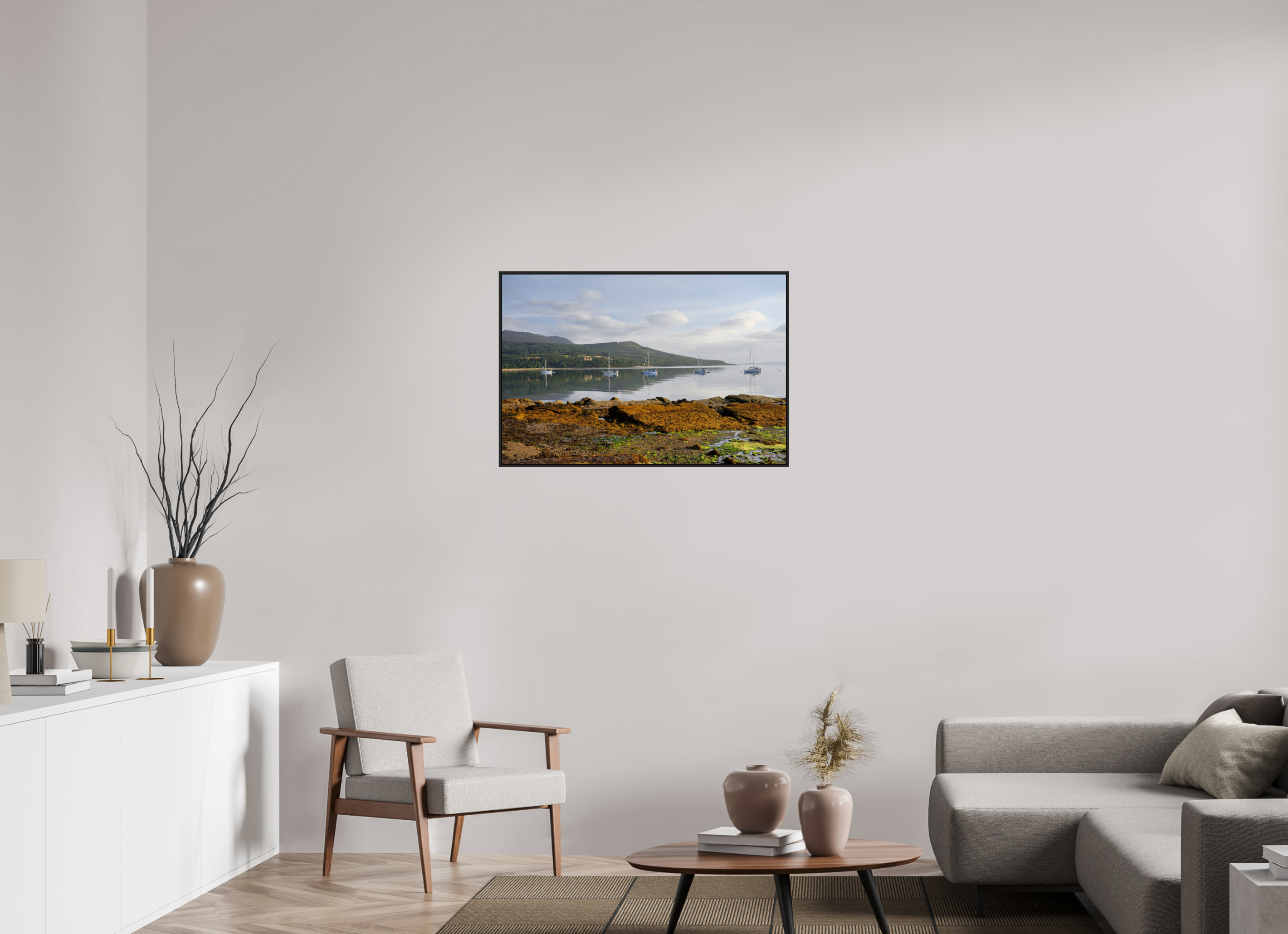 36 x 24″, Acrylic Glass Black matt .24" frame Brodick Bay at sunrise under acrylic glass with black frame