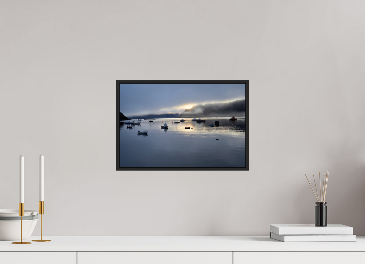 15 x 10″, Acrylic Glass Black matt .24" frame Portree Harbor at sunrise under acrylic glass with black frame