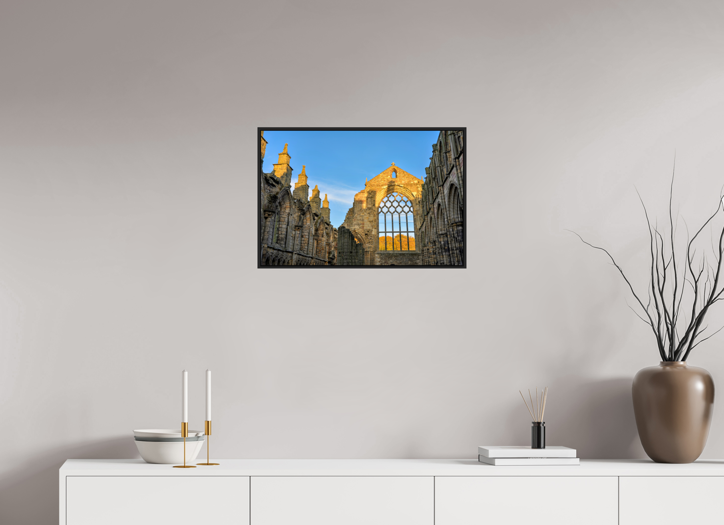 24 x 16″, Acrylic Glass Black matt .24" frame Holyrood Abbey at sunset under acrylic glass with black frame