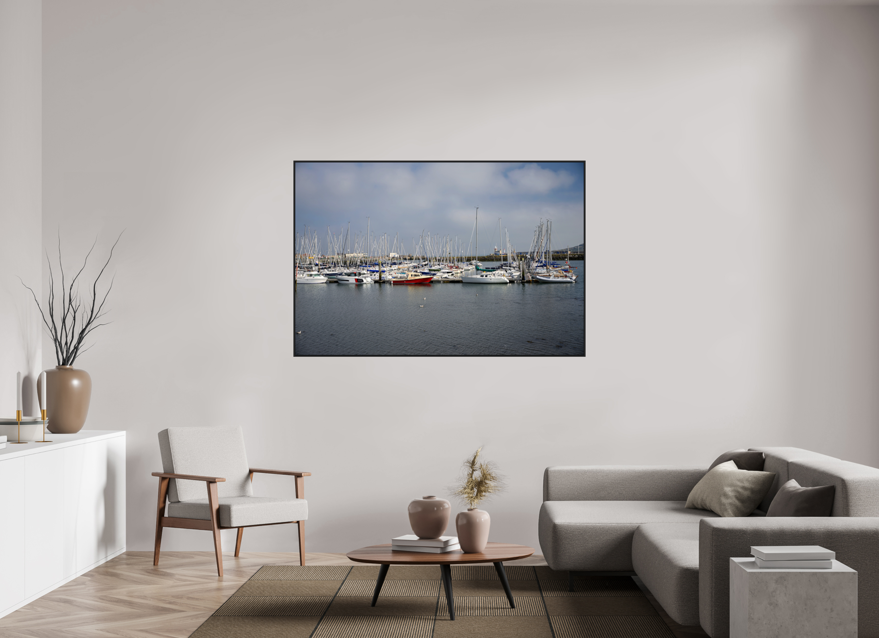 66 x 44″, Acrylic Glass Black matt .24" frame Sailing vessels in Howth Harbour under acrylic glass with black frame