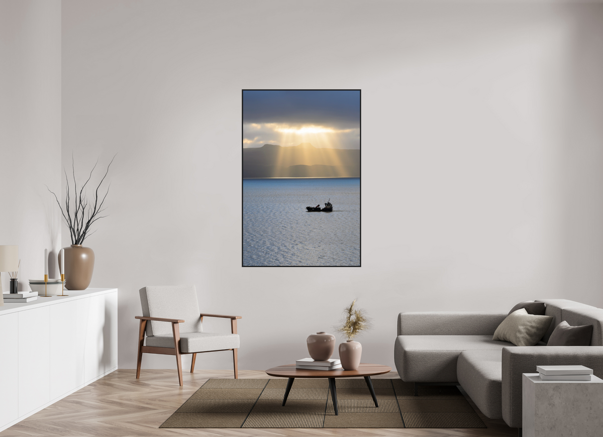 40 x 60″, Acrylic Glass Black Matt .24" frame Morning sunburst on Isle of Skye under acrylic glass with black frame