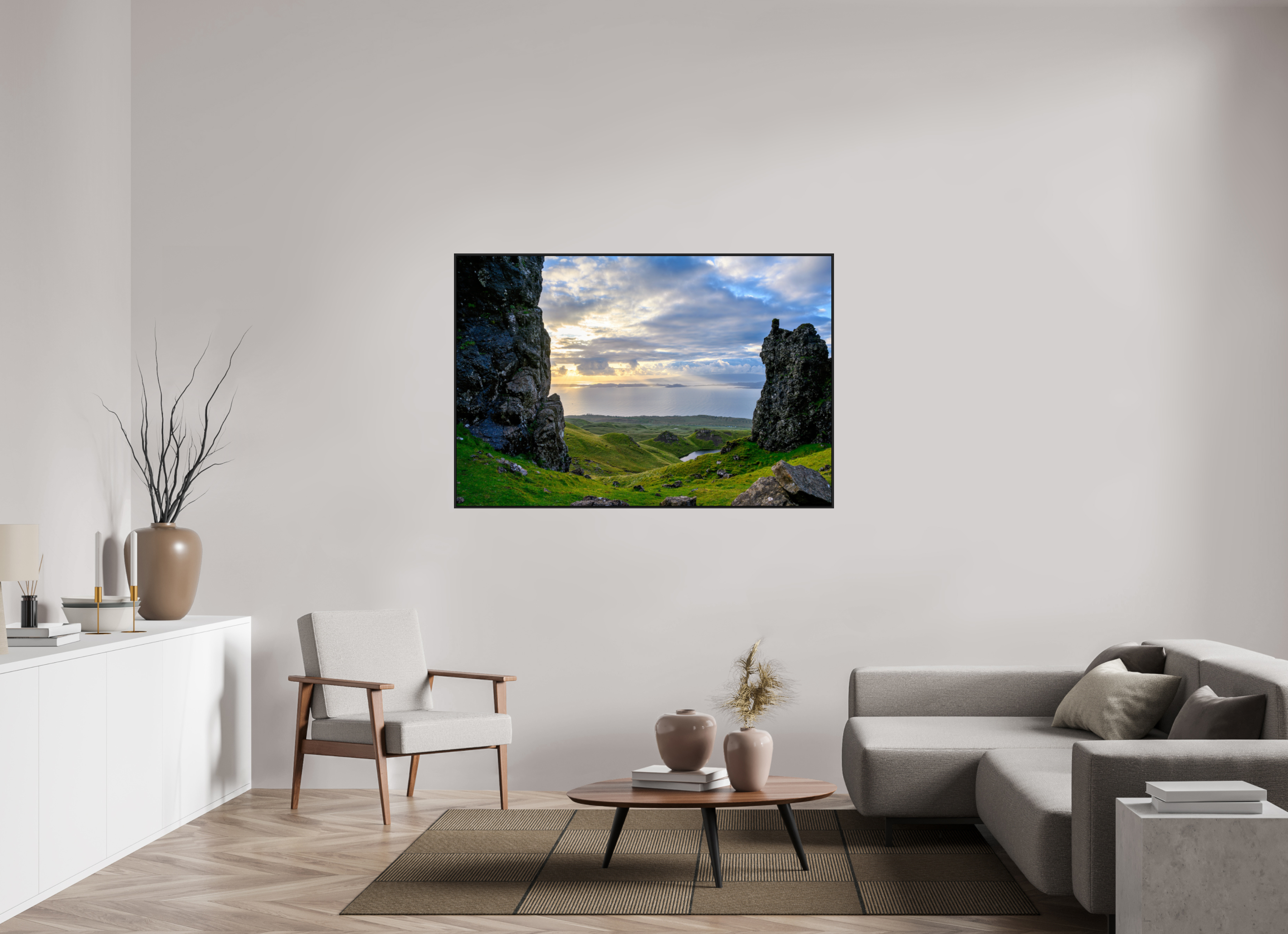 60 x 40″, Acrylic Glass Black matt .24" frame Peering through columns at the Old Man of Storr under acrylic glass with black frame
