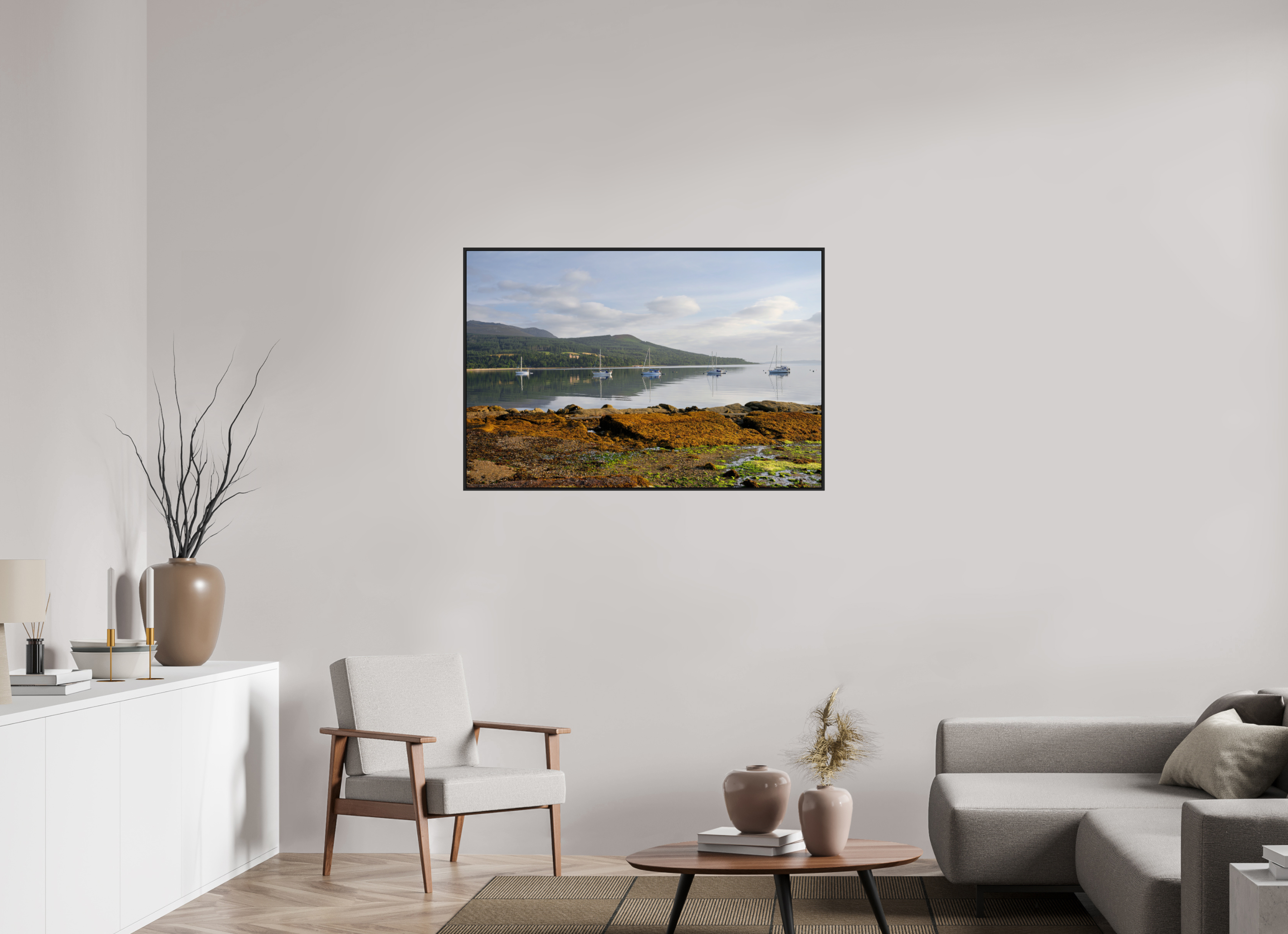 45 x 30″, Acrylic Glass Black matt .24" frame Brodick Bay at sunrise under acrylic glass with black frame