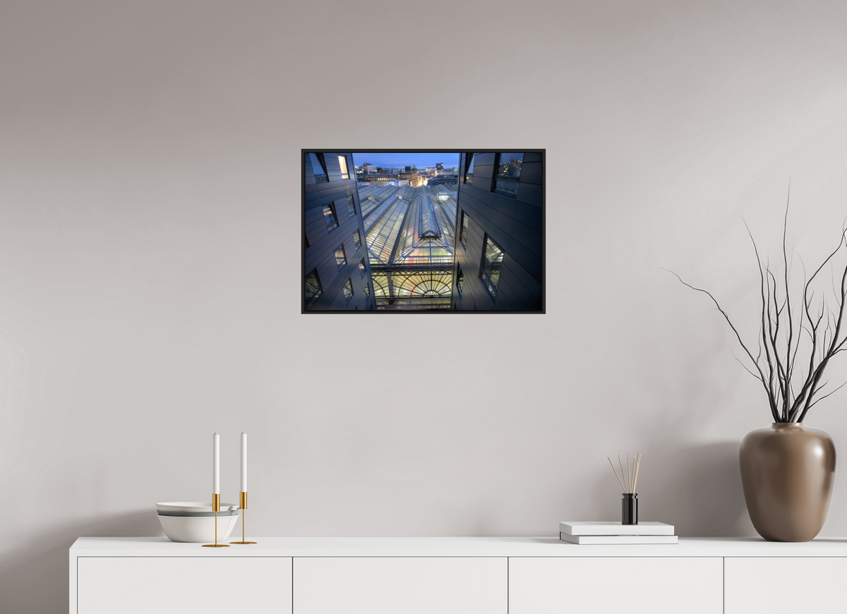 24 x 16″, Acrylic Glass Black matt .24" frame Glasgow Central Railway Station at dawn under acrylic glass with black frame