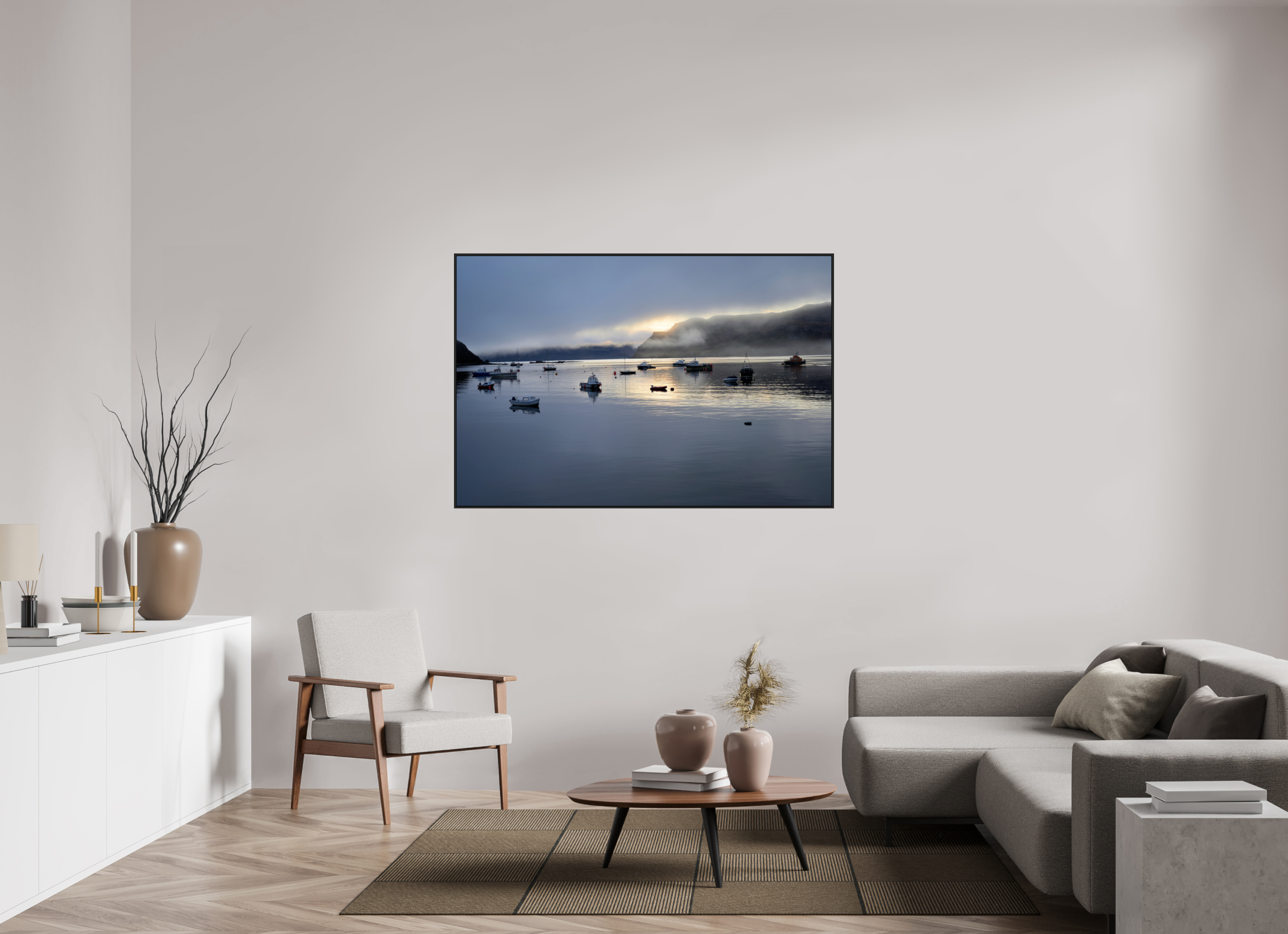 60 x 40″, Acrylic Glass Black matt .24" frame Portree Harbor at sunrise under acrylic glass with black frame