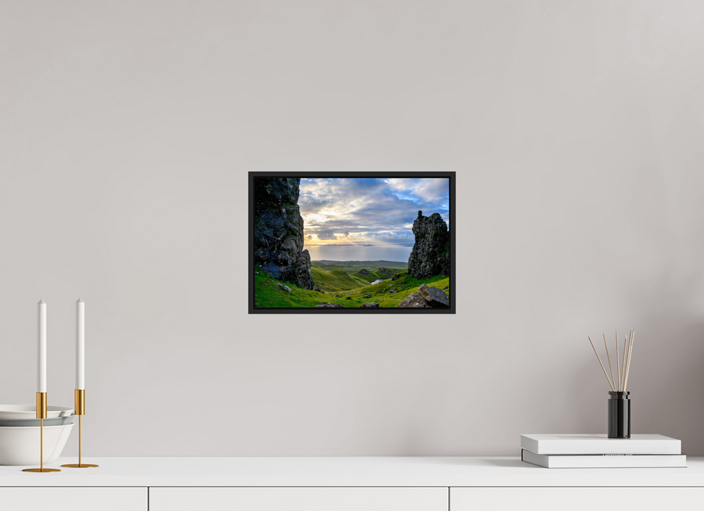12 x 8″, Acrylic Glass Black matt .24" frame Peering through columns at the Old Man of Storr under acrylic glass with black frame